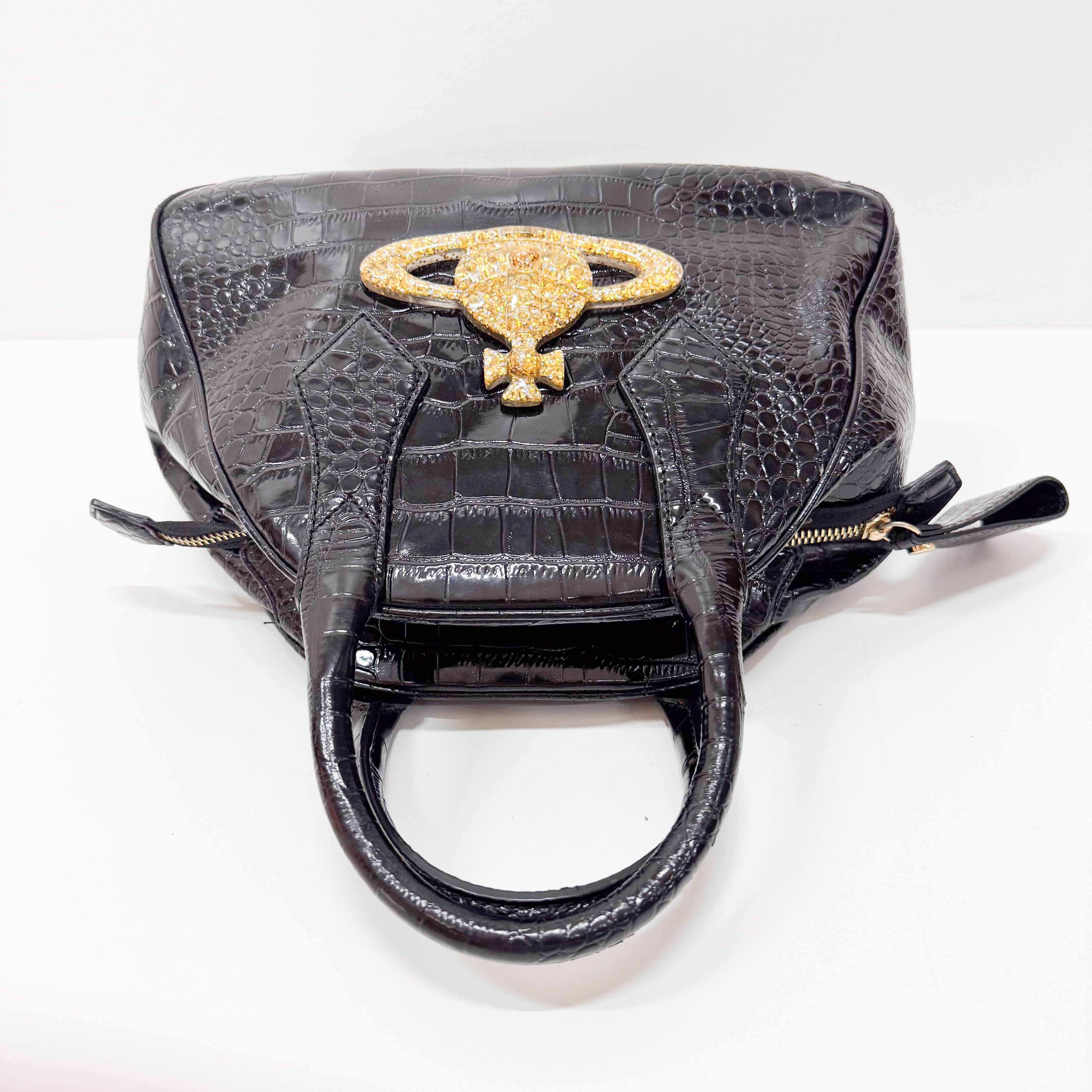 Black Embossed Croc Leather Handbag
