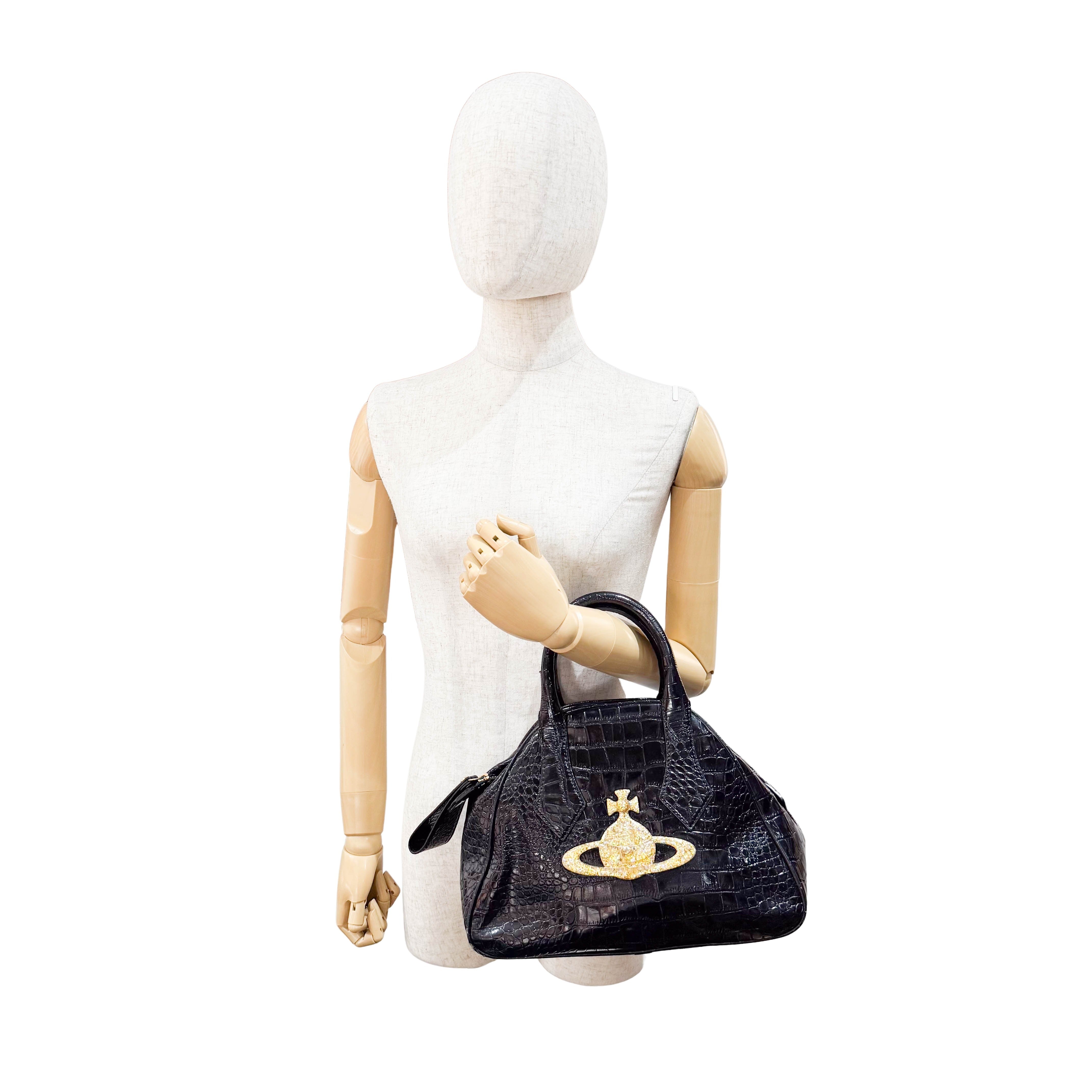 Black Embossed Croc Leather Handbag