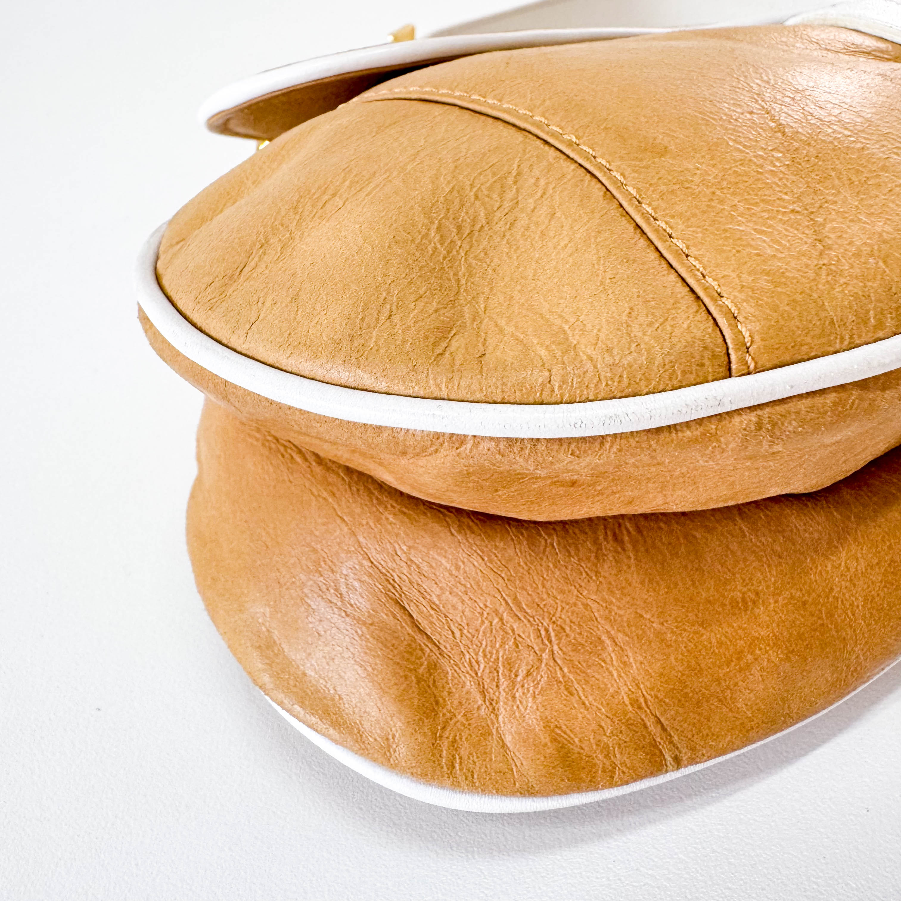 Saddle Caramel Brown Leather with White Details Handle Bag