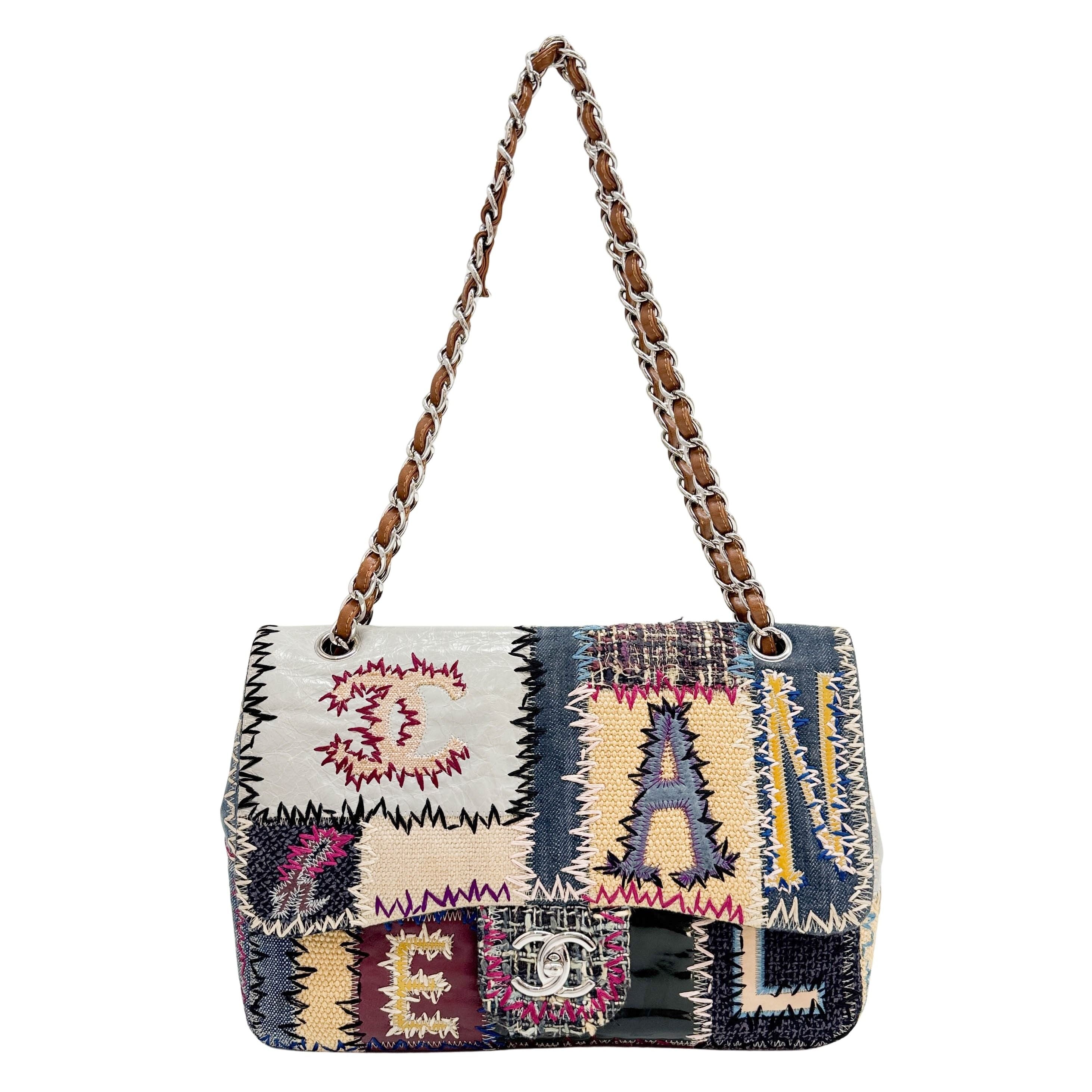 Jumbo Classic Flap Patchwork Multicolor Canvas Denim Shoulder Bag