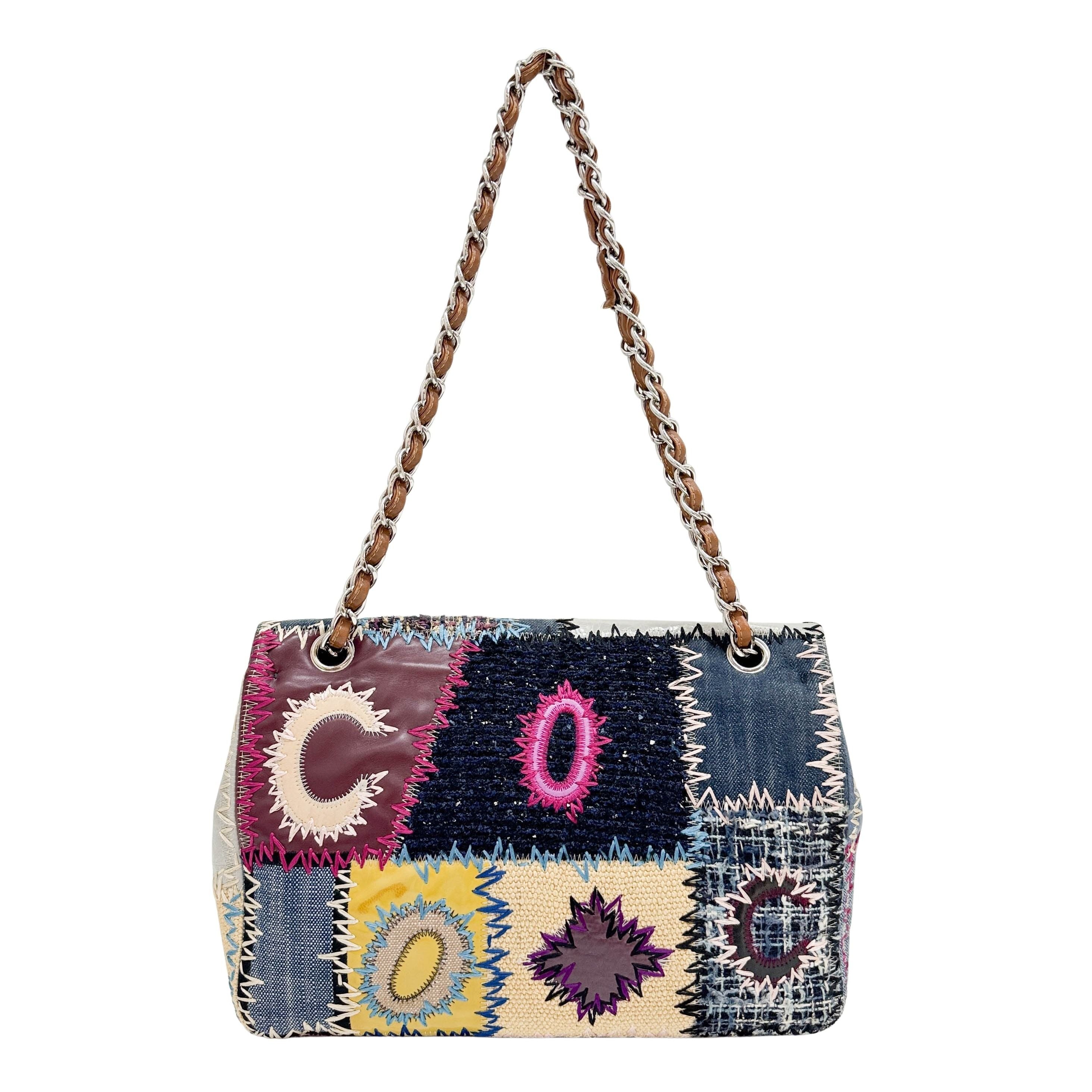 Jumbo Classic Flap Patchwork Multicolor Canvas Denim Shoulder Bag