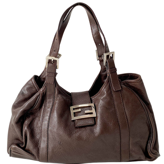 FF Logo Hobo Brown Leather Shoulder Bag