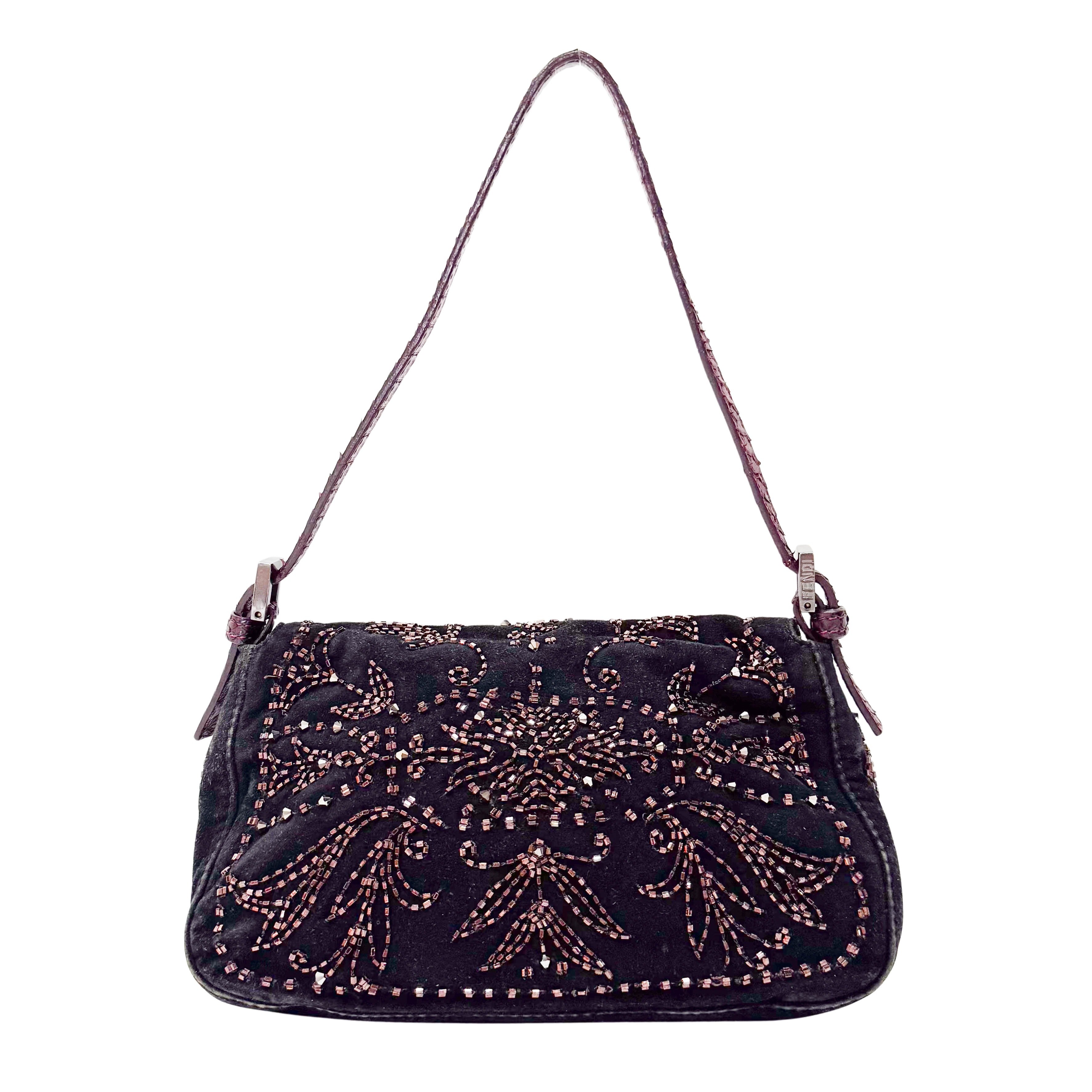 Mamma Baguette Mini Black Suede x Beads Shoulder Bag