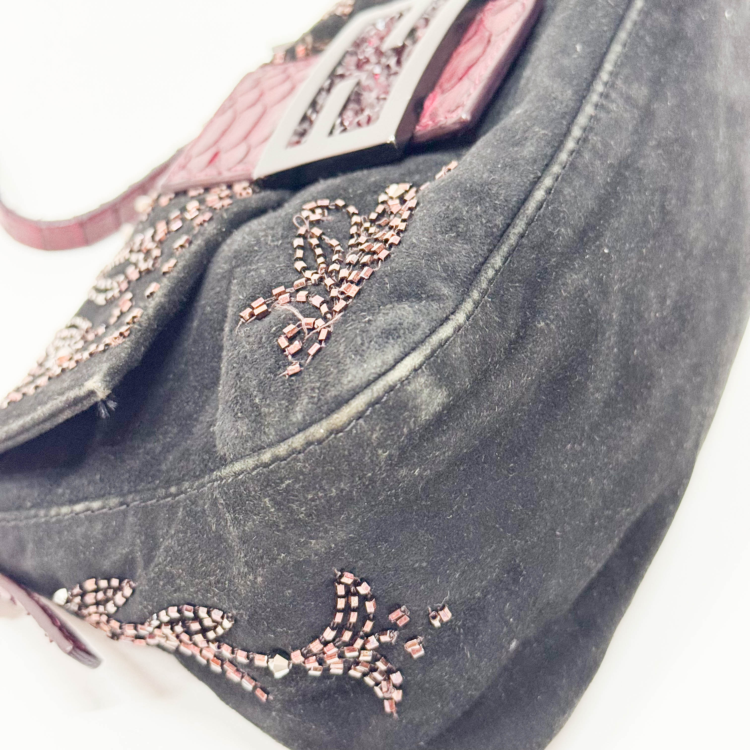 Mamma Baguette Mini Black Suede x Beads Shoulder Bag