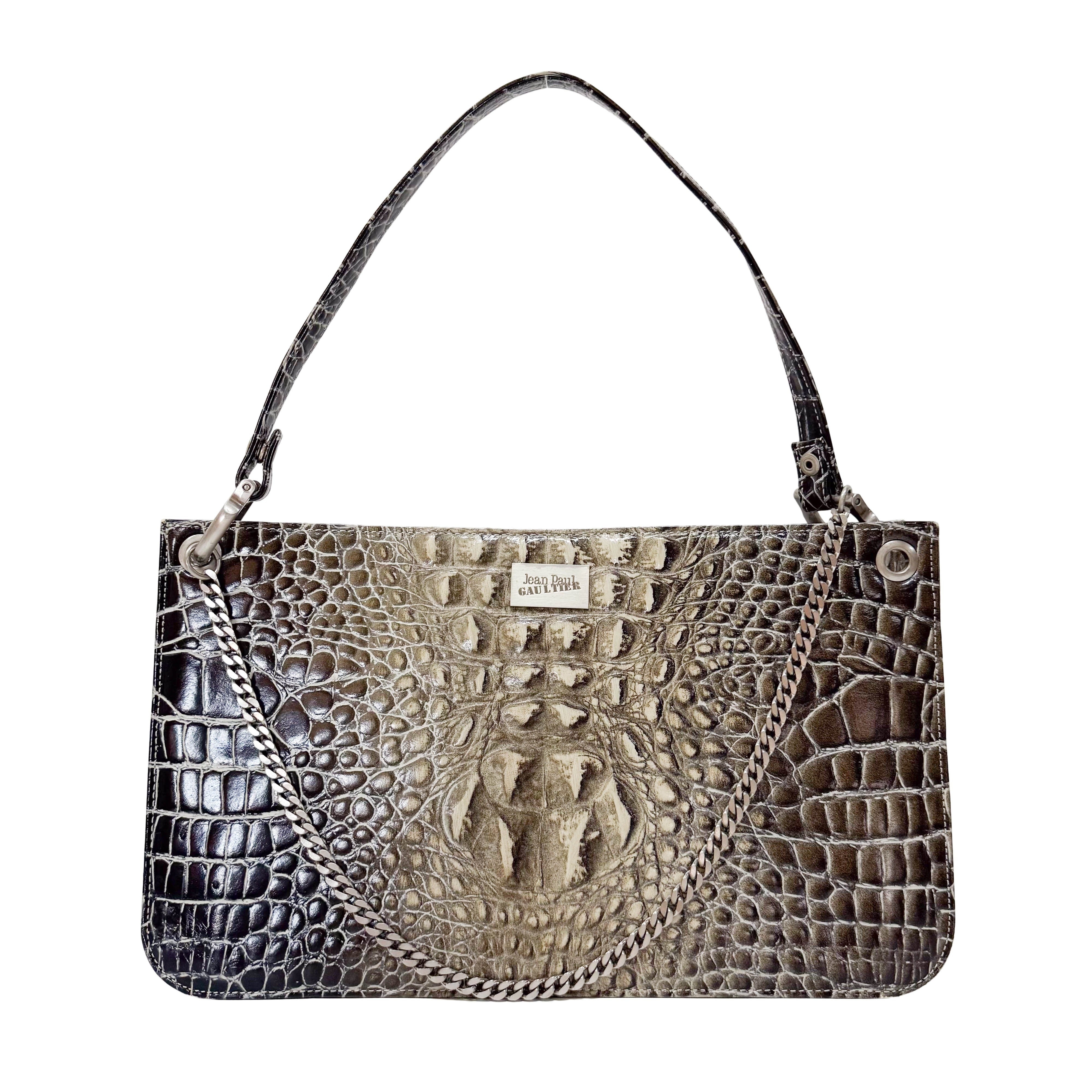 Grey Croc Embossed Leather Shoulder Bag