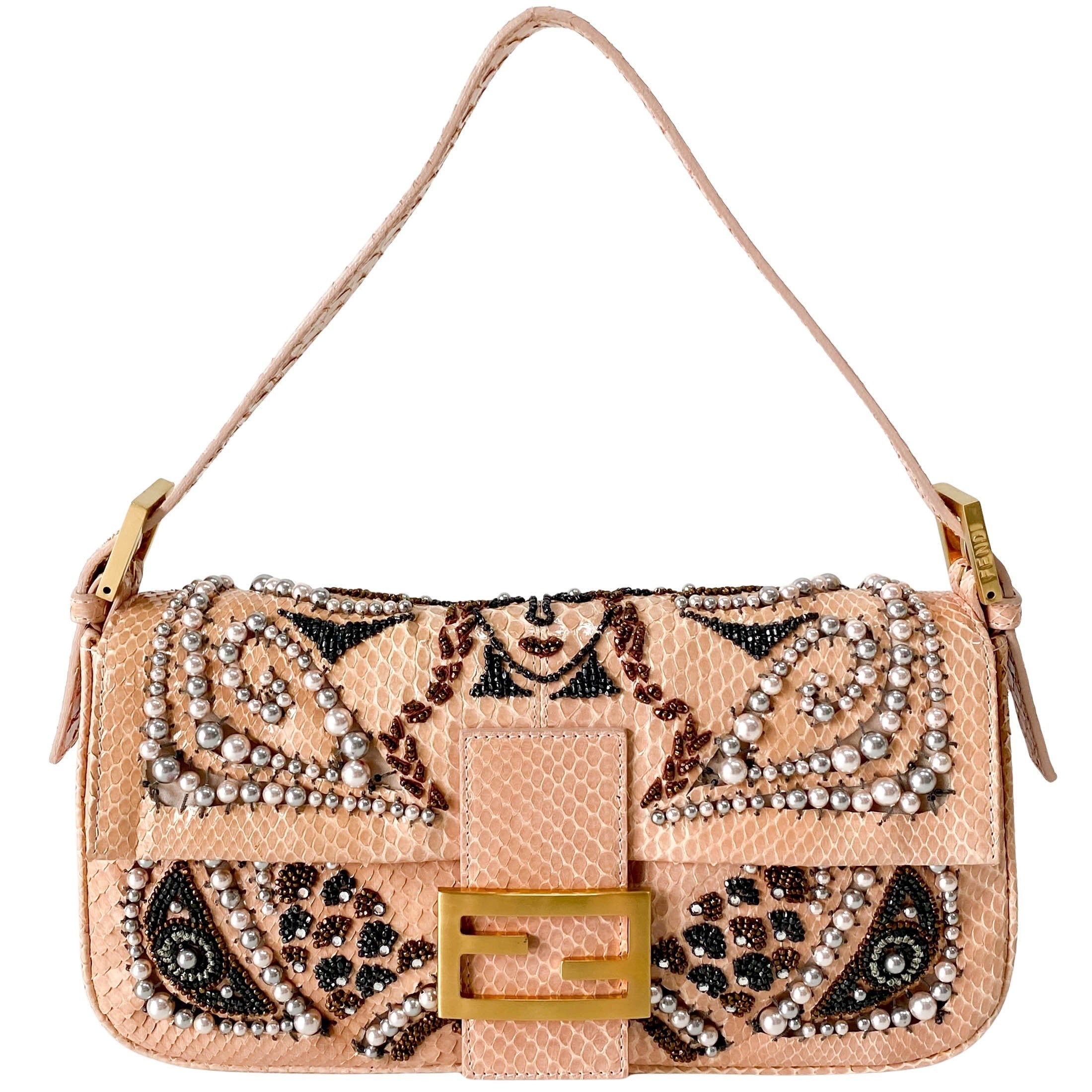 Baguette Pink Leather Embroidery Shoulder Bag
