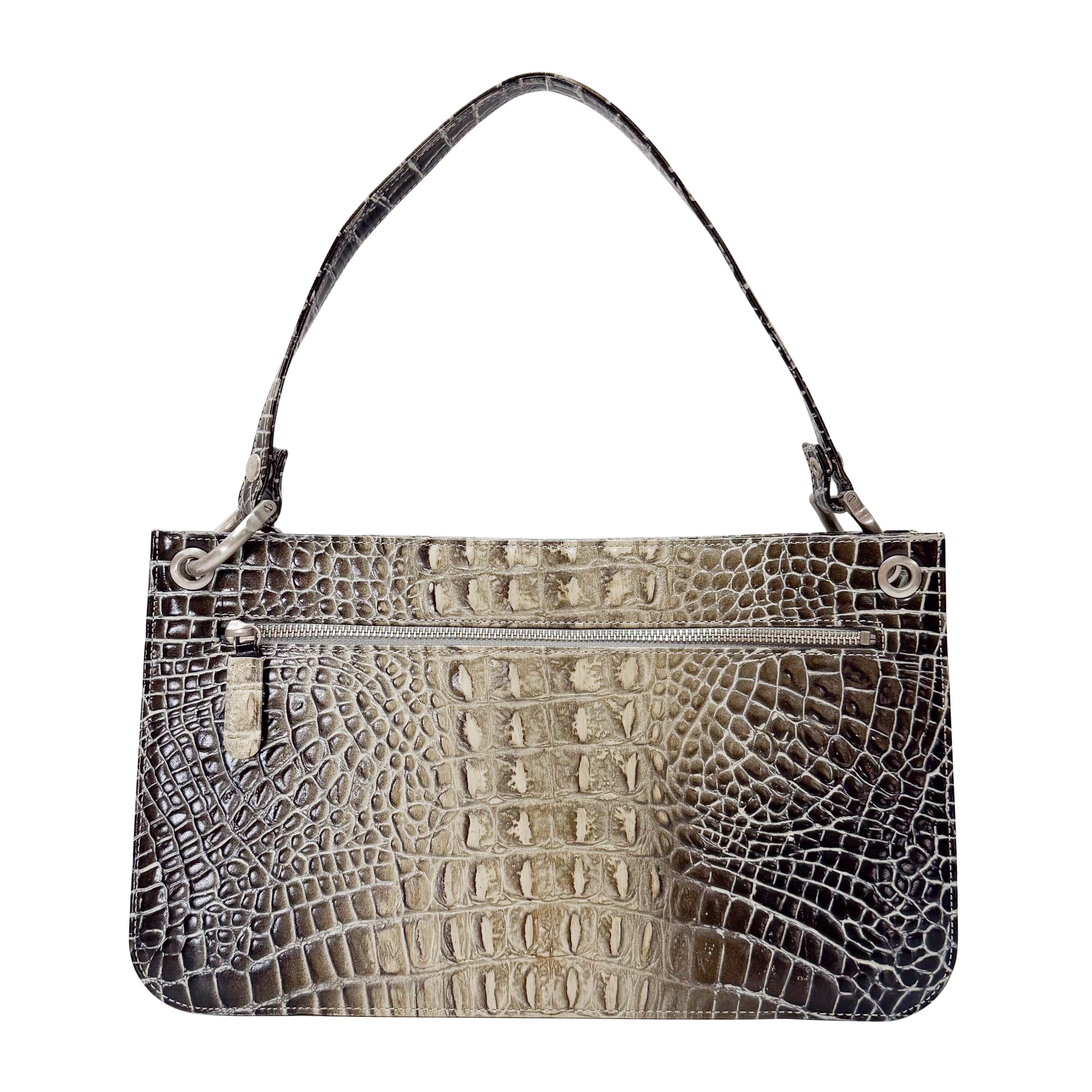 Grey Croc Embossed Leather Shoulder Bag