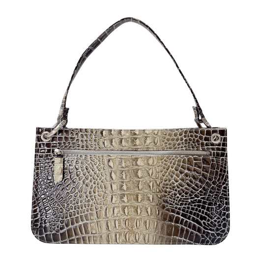 Grey Croc Embossed Leather Shoulder Bag