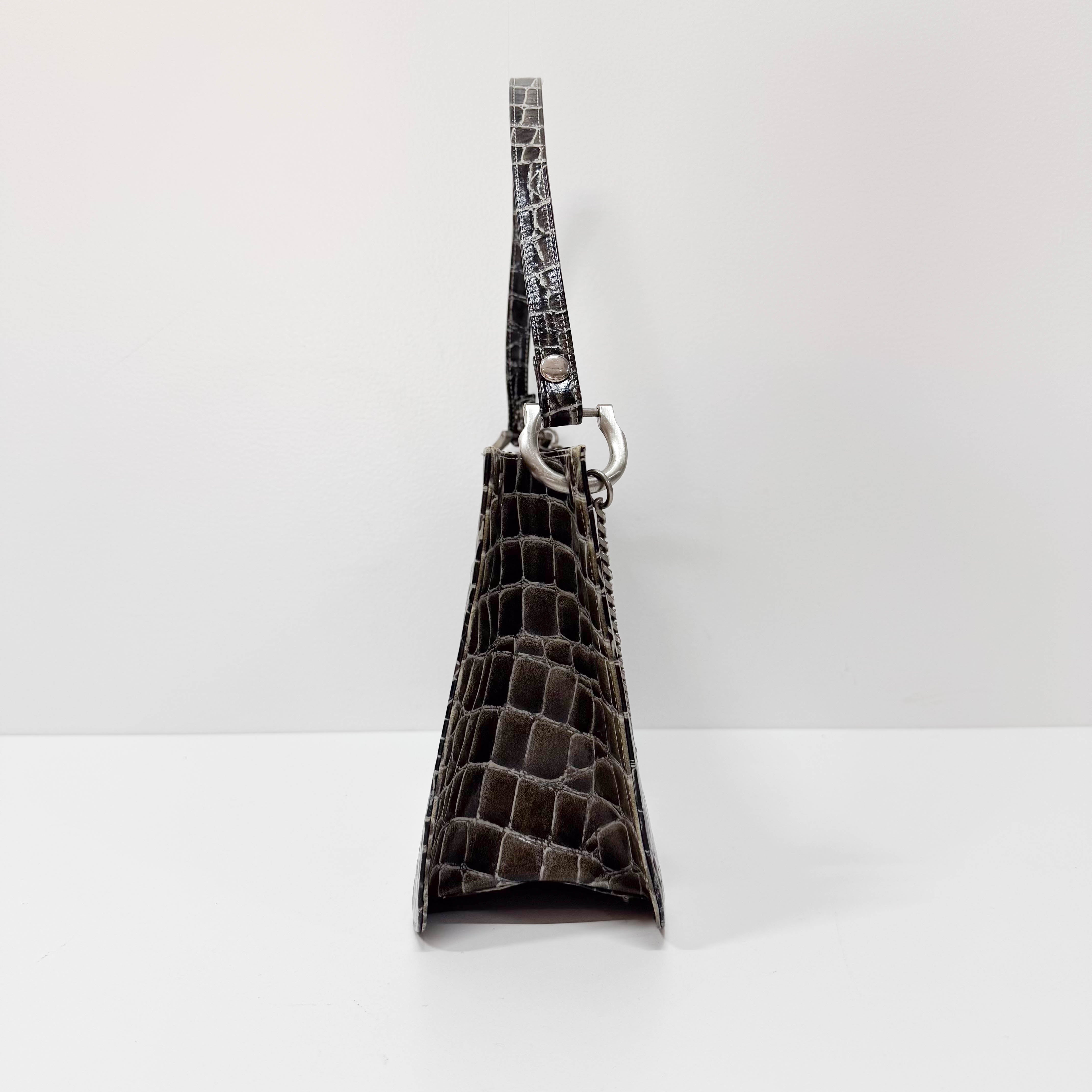 Grey Croc Embossed Leather Shoulder Bag