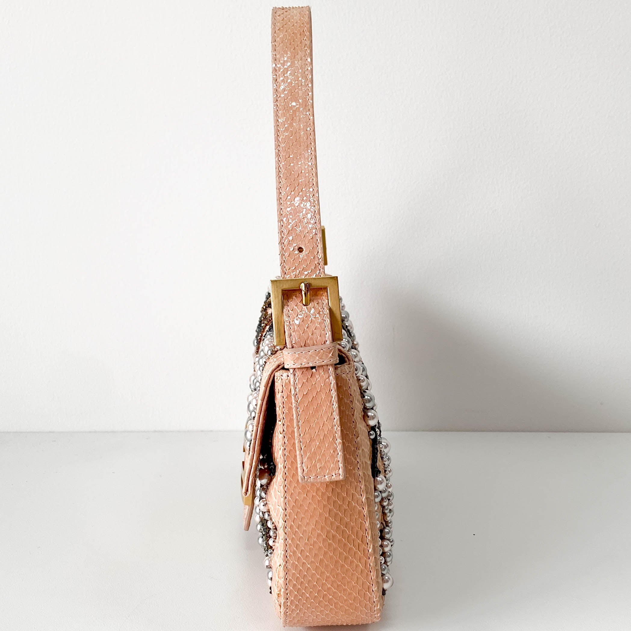 Baguette Pink Leather Embroidery Shoulder Bag