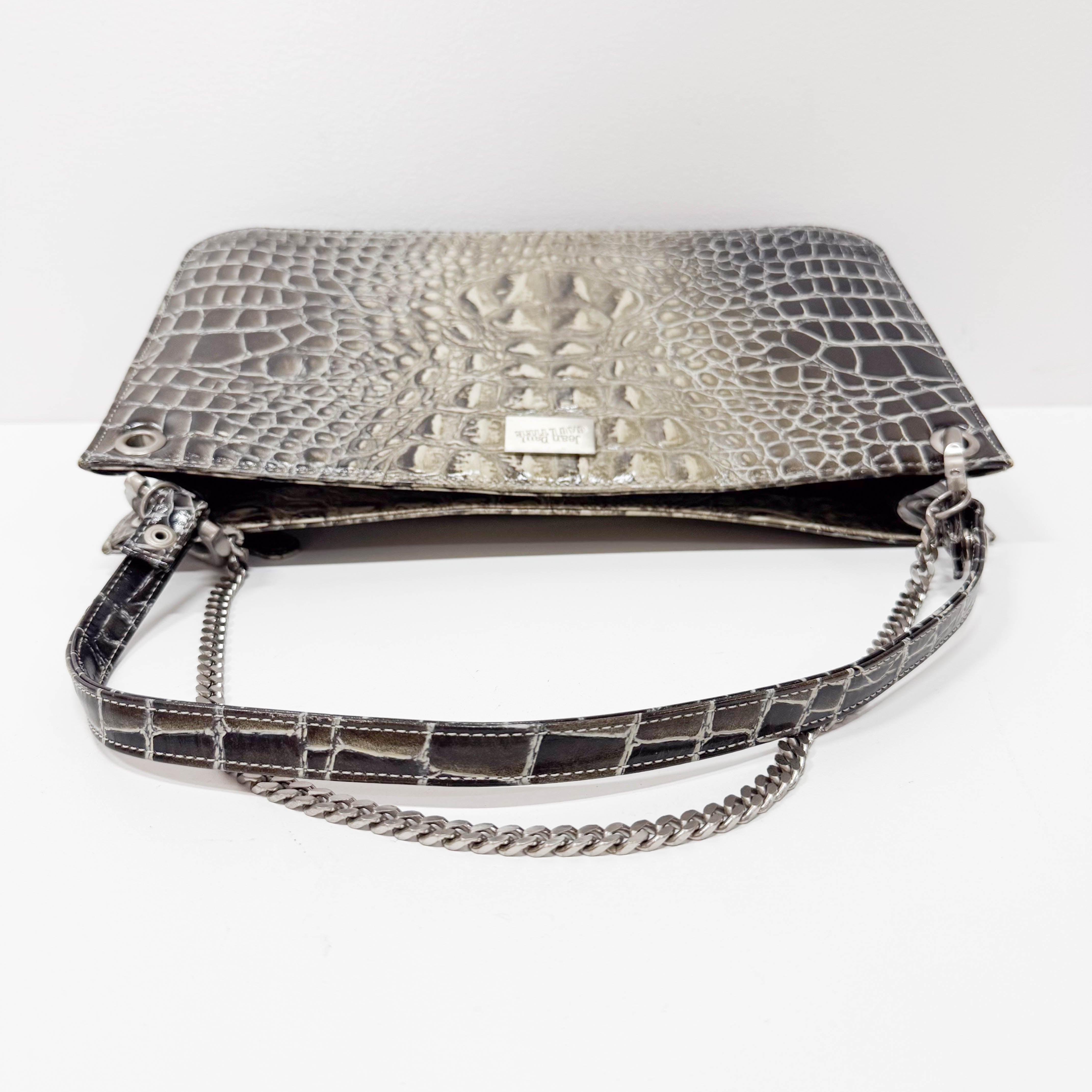 Grey Croc Embossed Leather Shoulder Bag