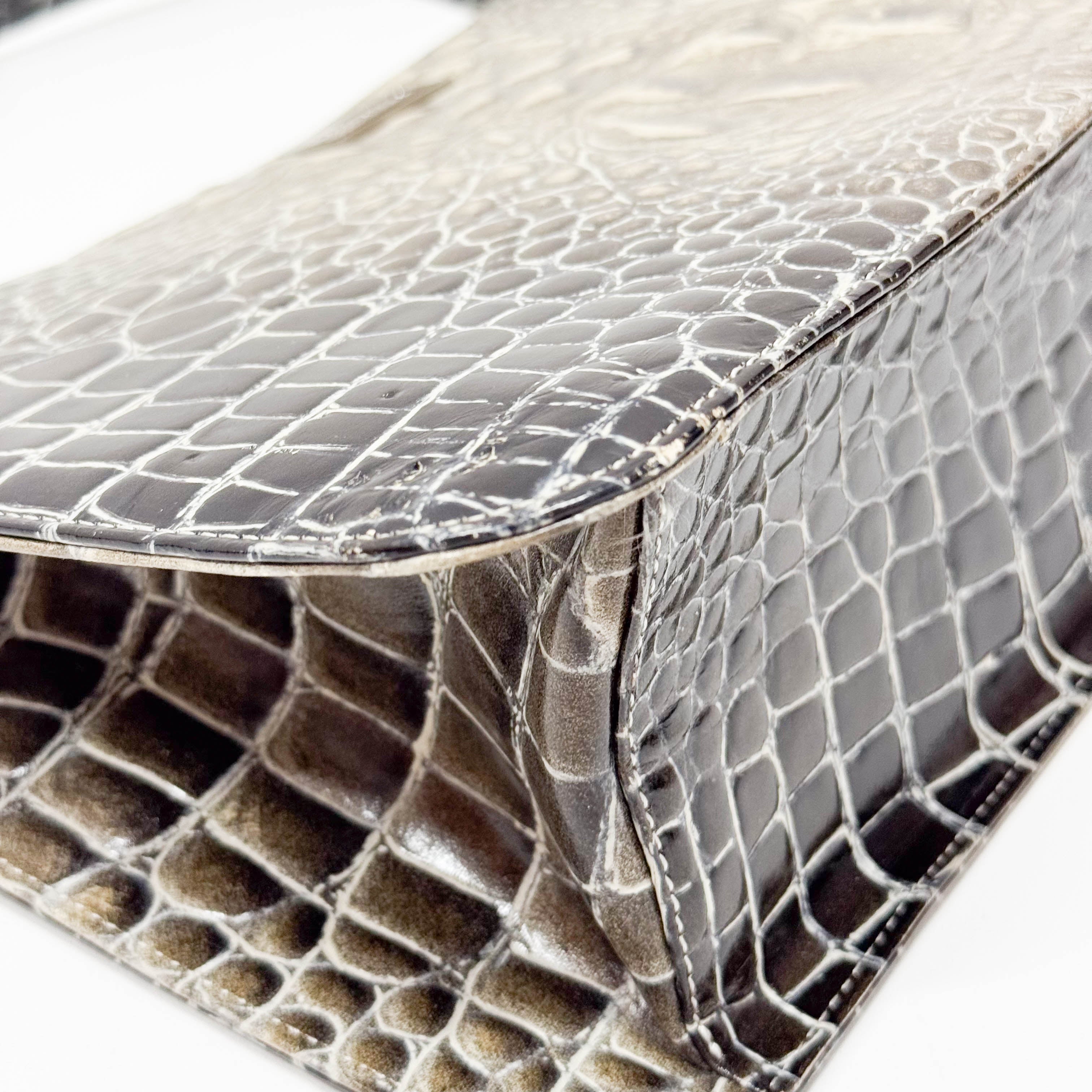 Grey Croc Embossed Leather Shoulder Bag