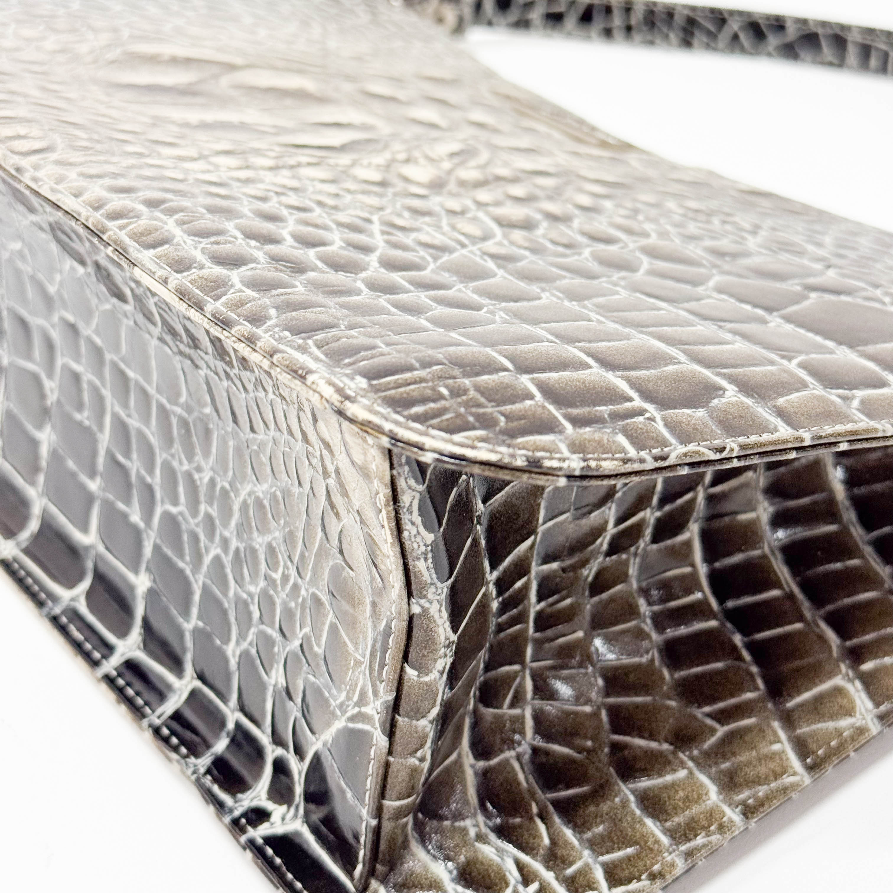 Grey Croc Embossed Leather Shoulder Bag