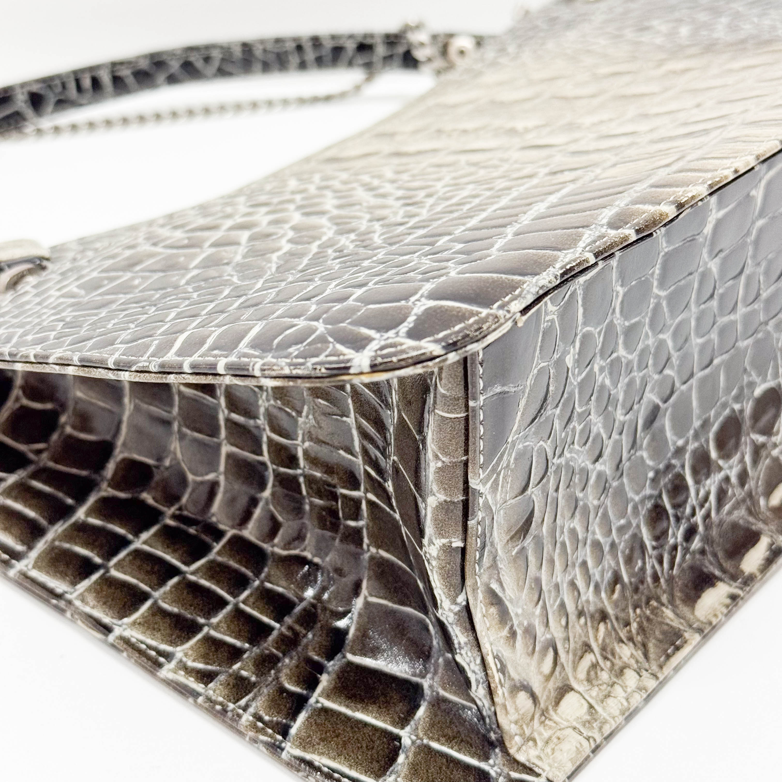 Grey Croc Embossed Leather Shoulder Bag