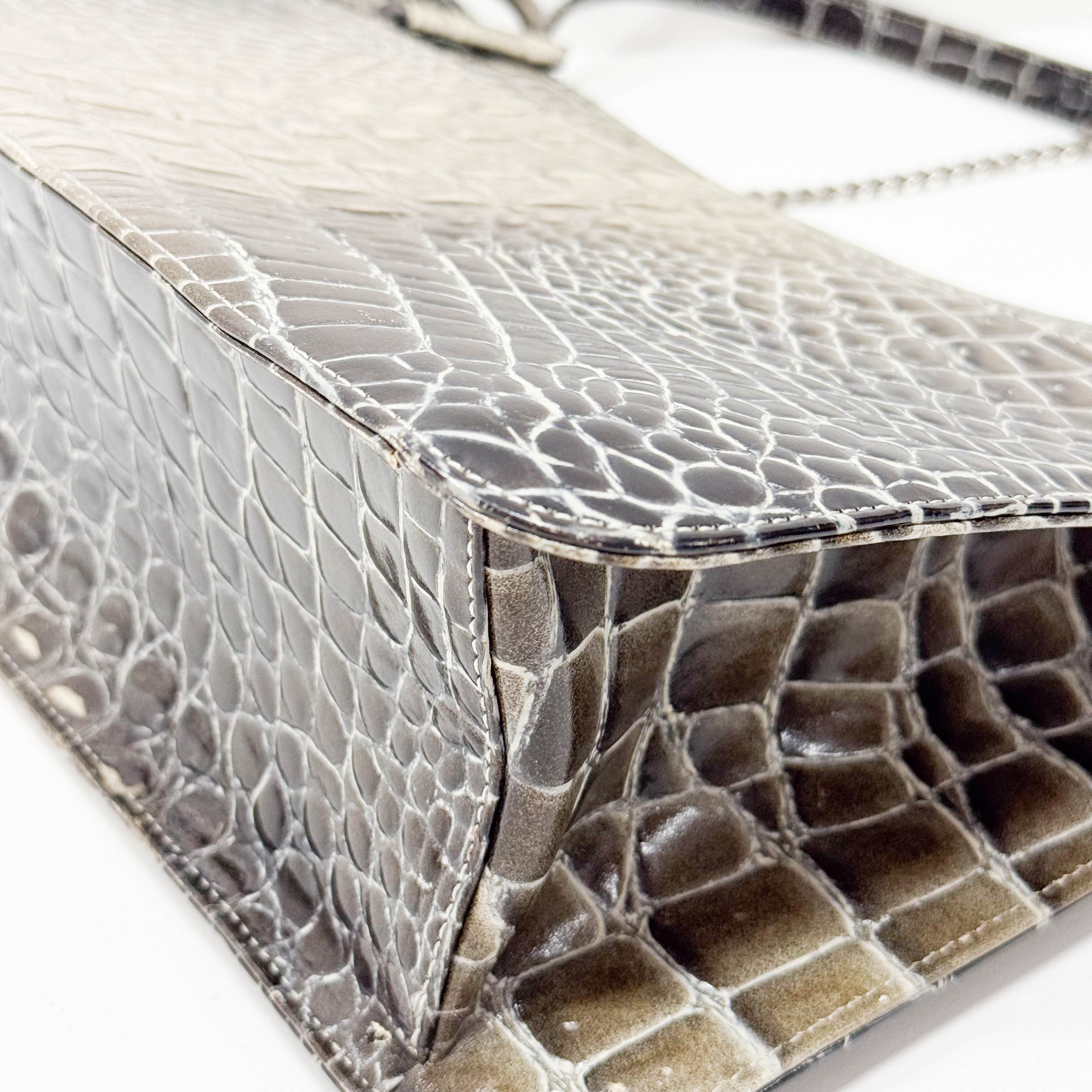 Grey Croc Embossed Leather Shoulder Bag