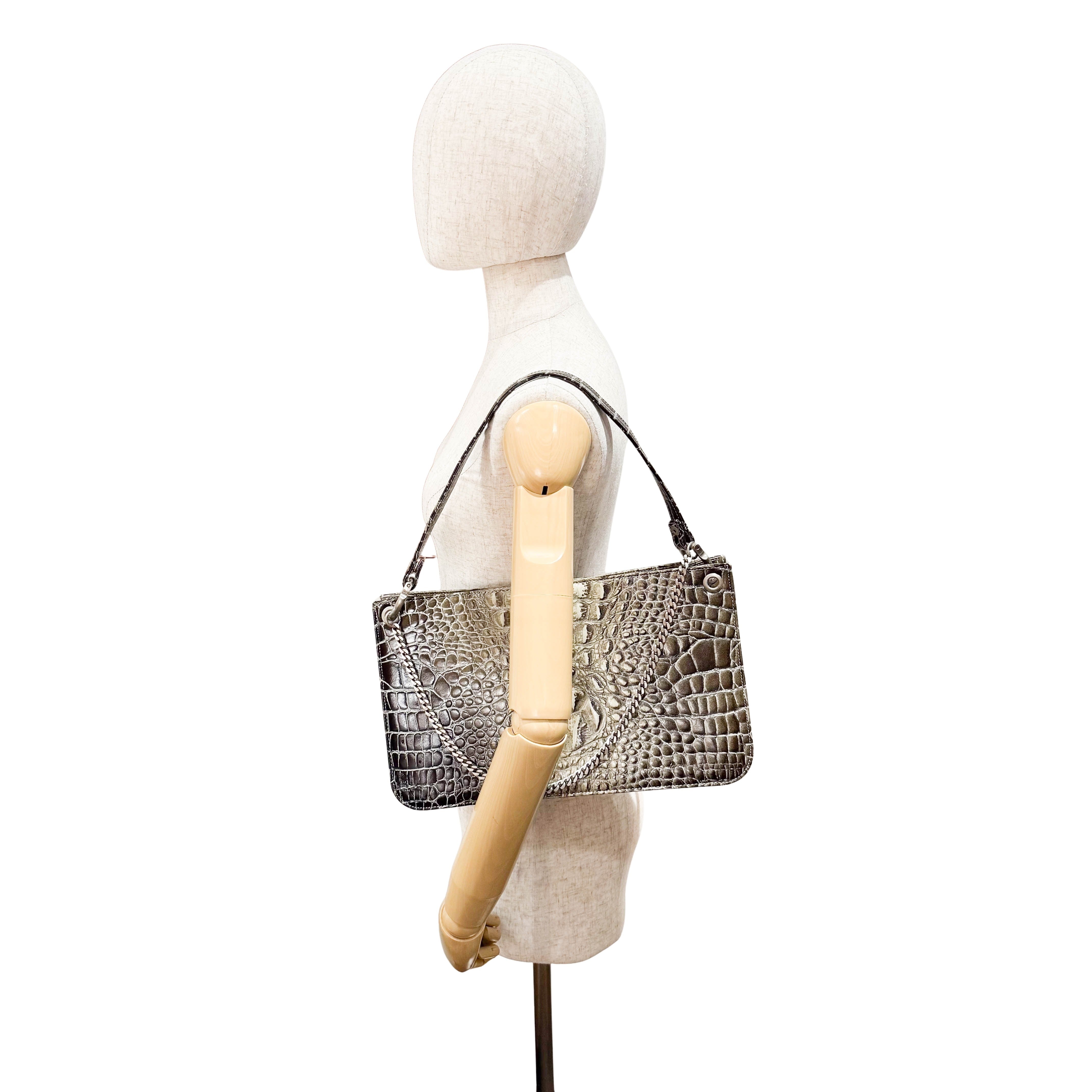 Grey Croc Embossed Leather Shoulder Bag