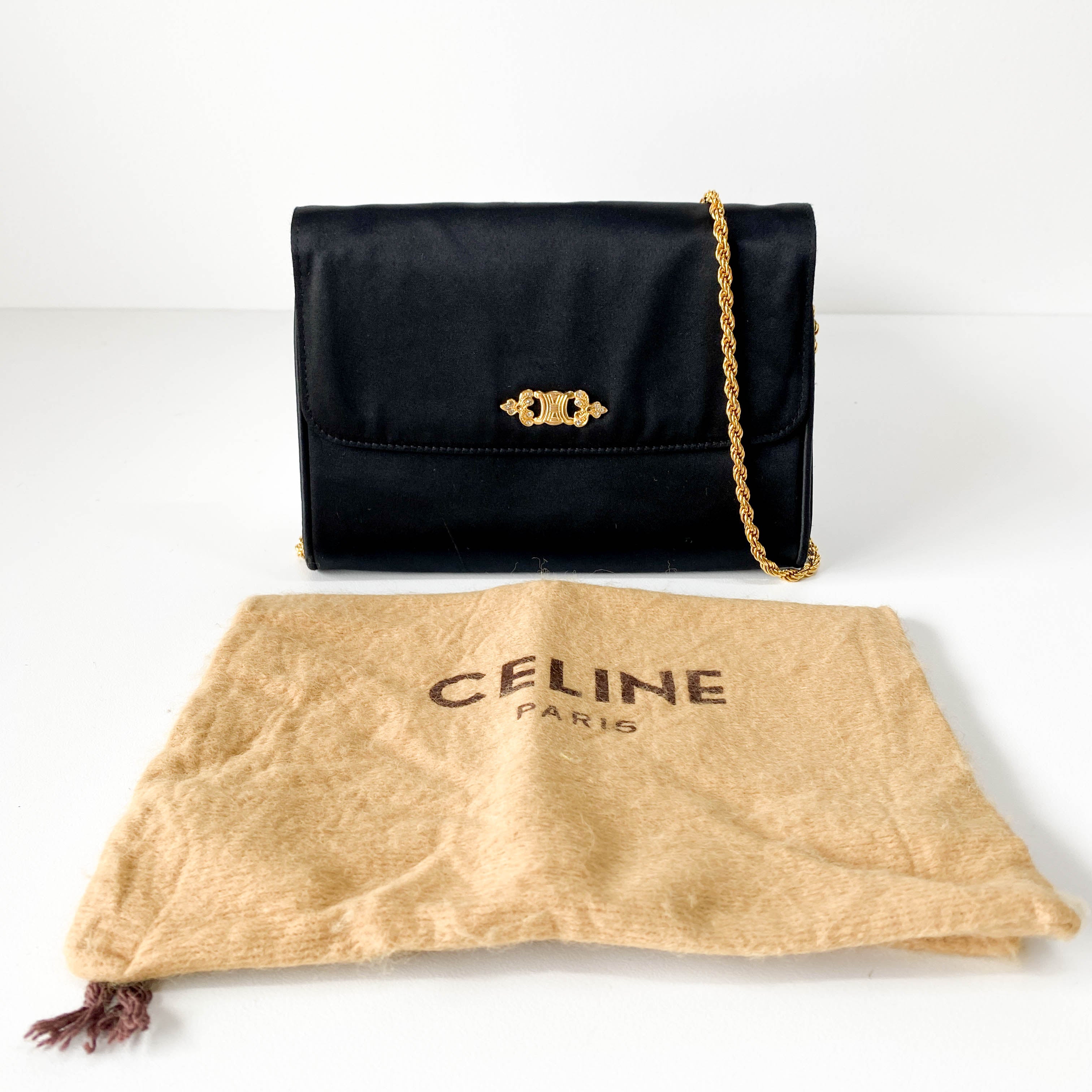 Black Satin with Gold Chain Strap Clutch Bag