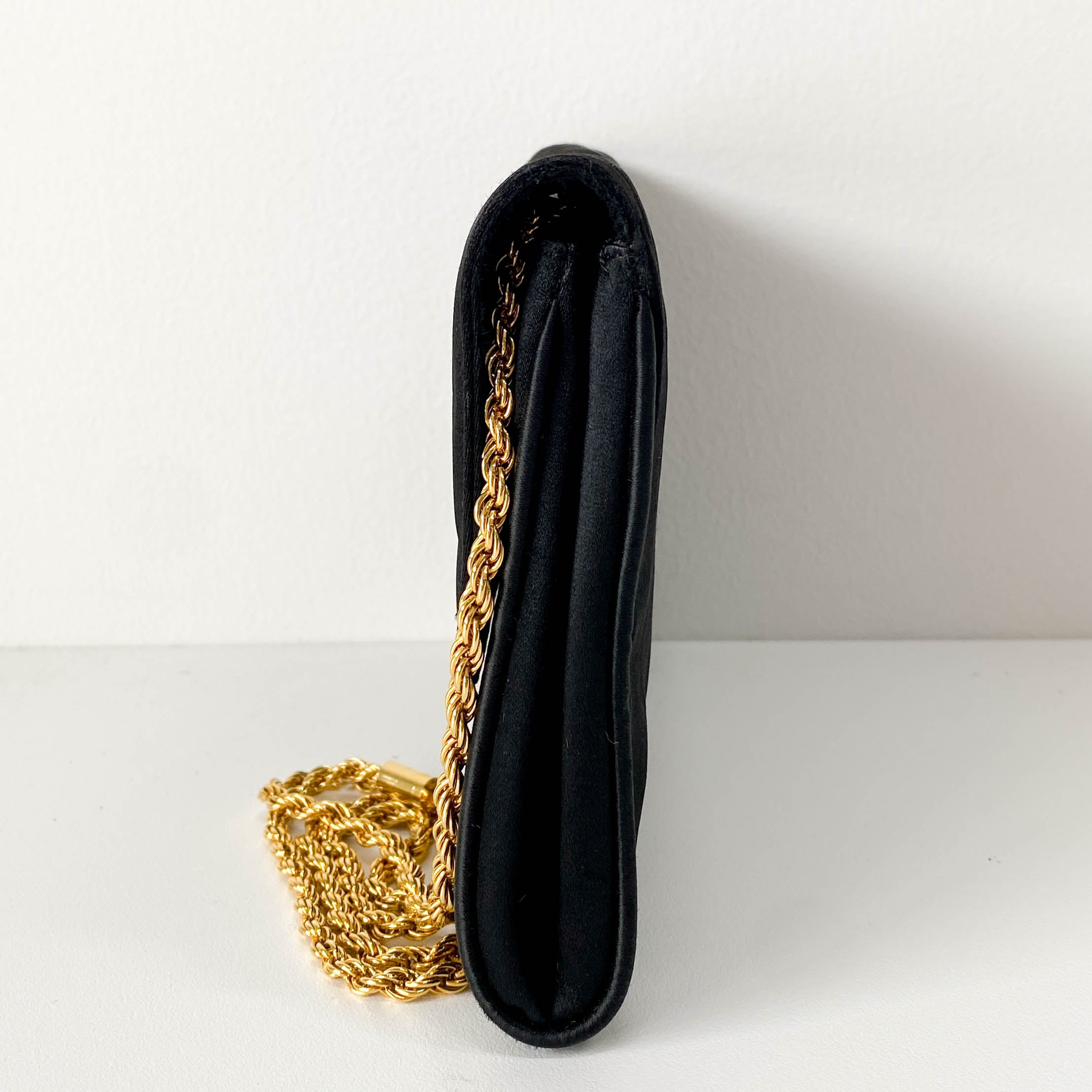 Black Satin with Gold Chain Strap Clutch Bag