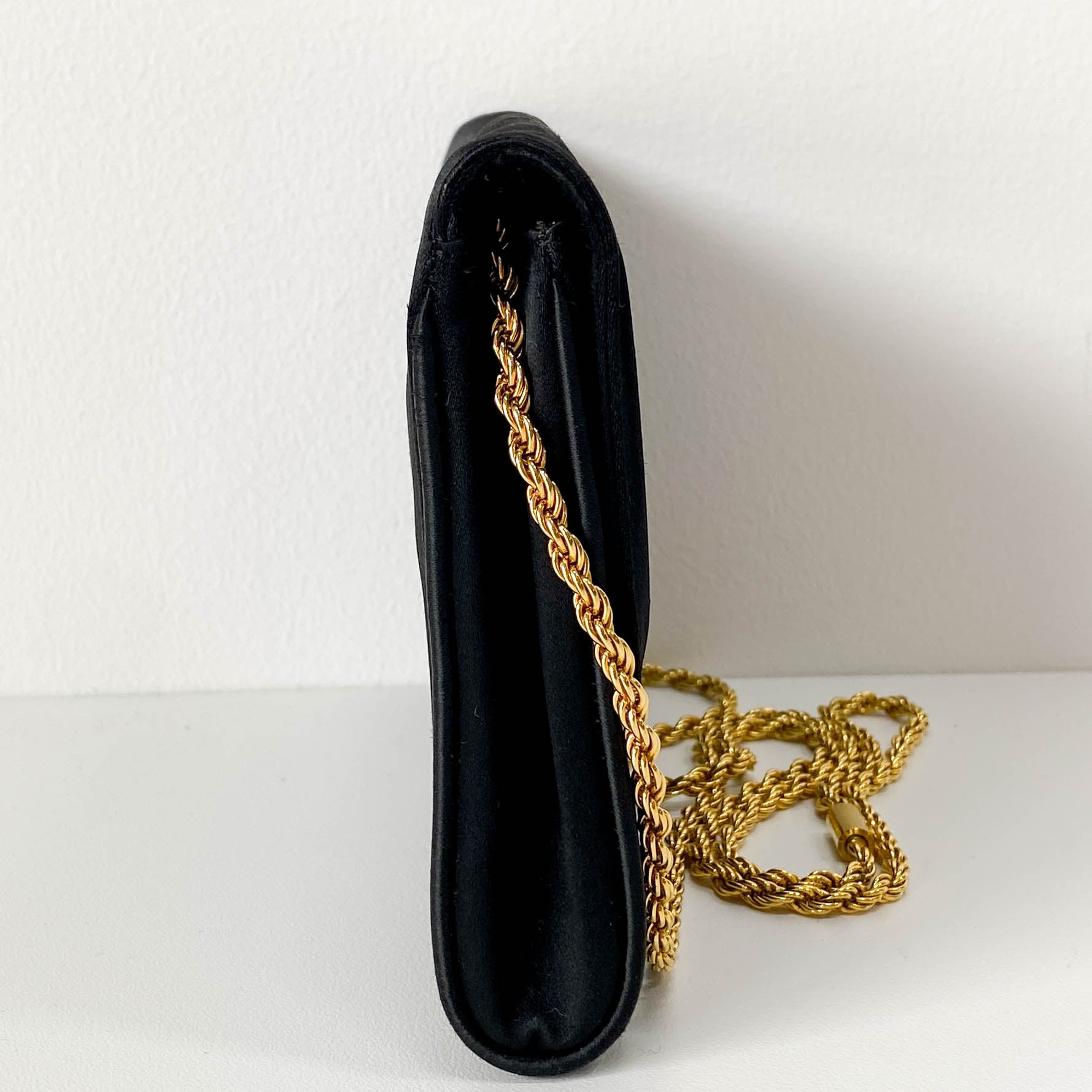 Black Satin with Gold Chain Strap Clutch Bag
