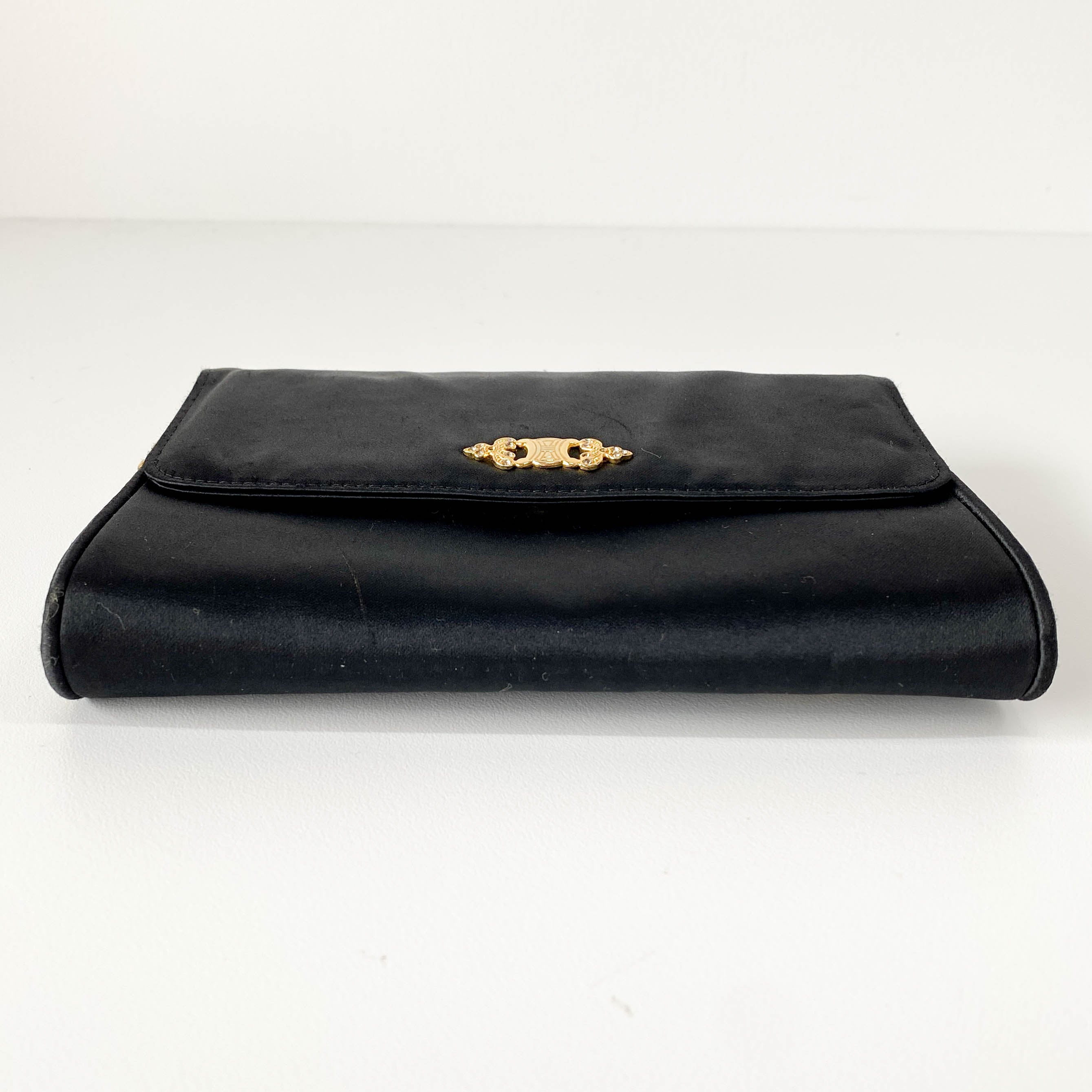 Black Satin with Gold Chain Strap Clutch Bag