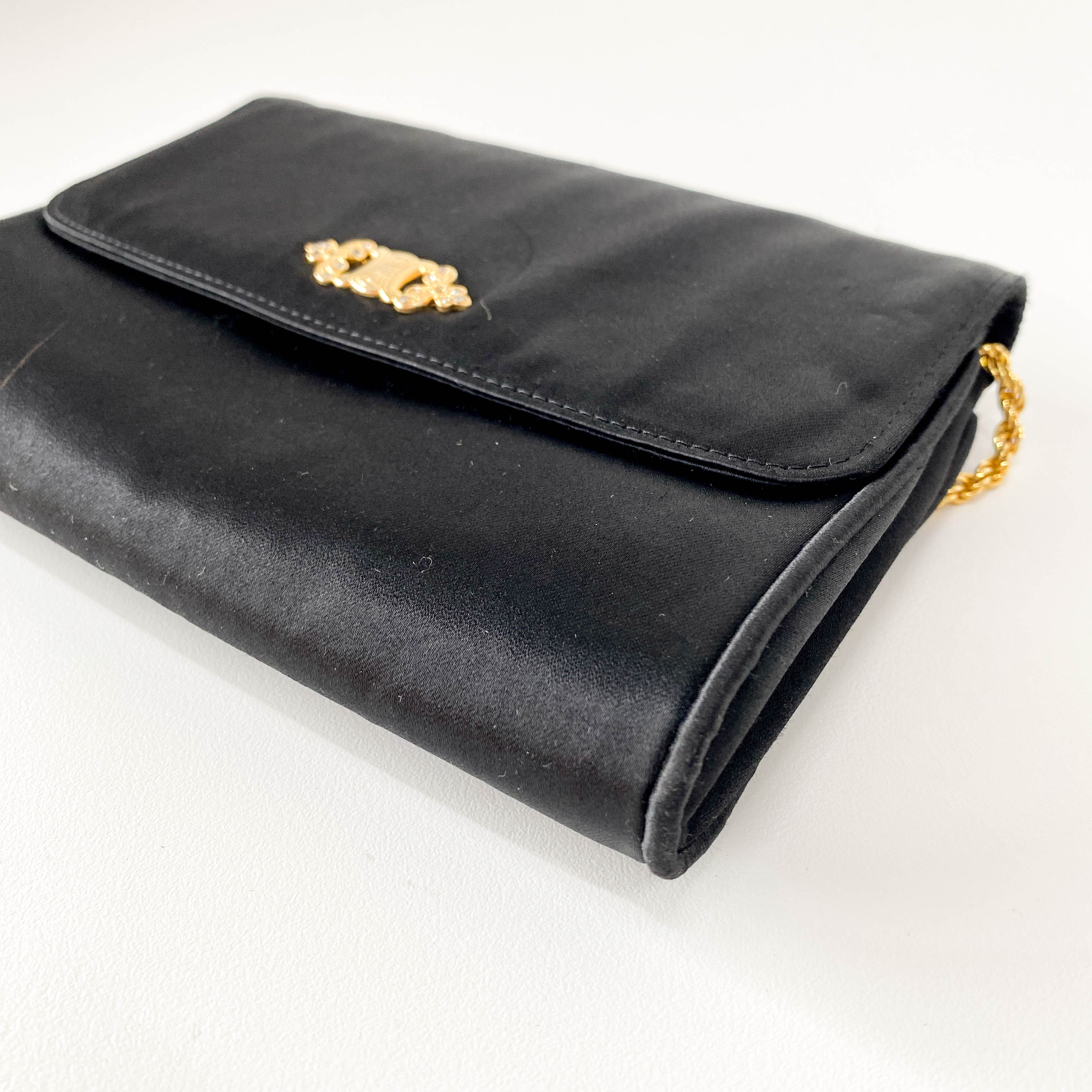 Black Satin with Gold Chain Strap Clutch Bag