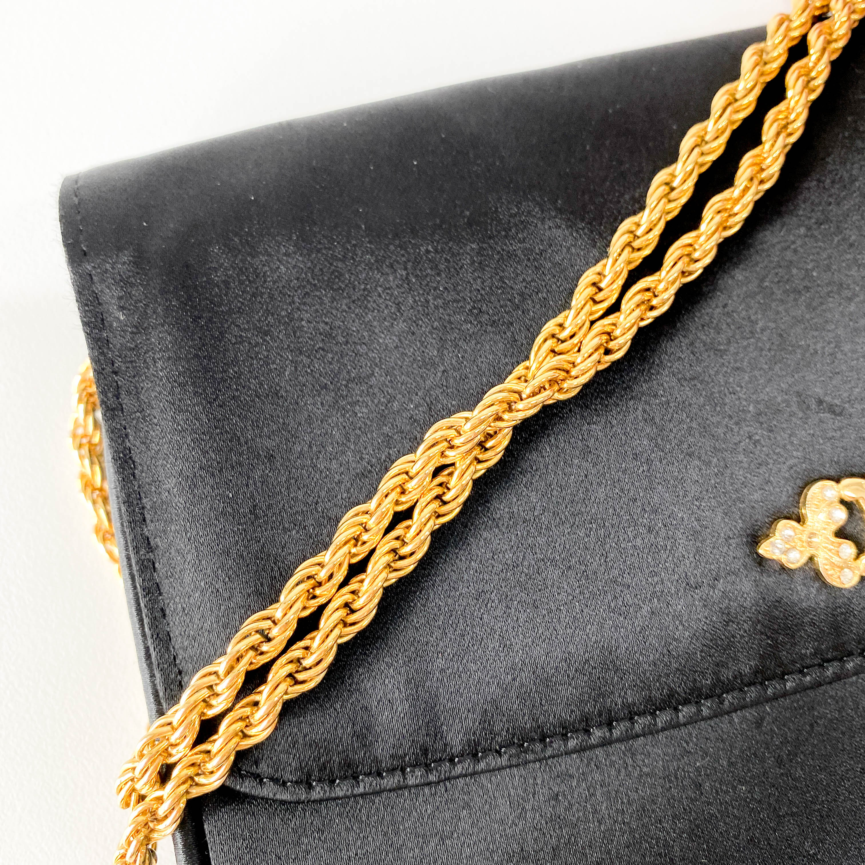 Black Satin with Gold Chain Strap Clutch Bag