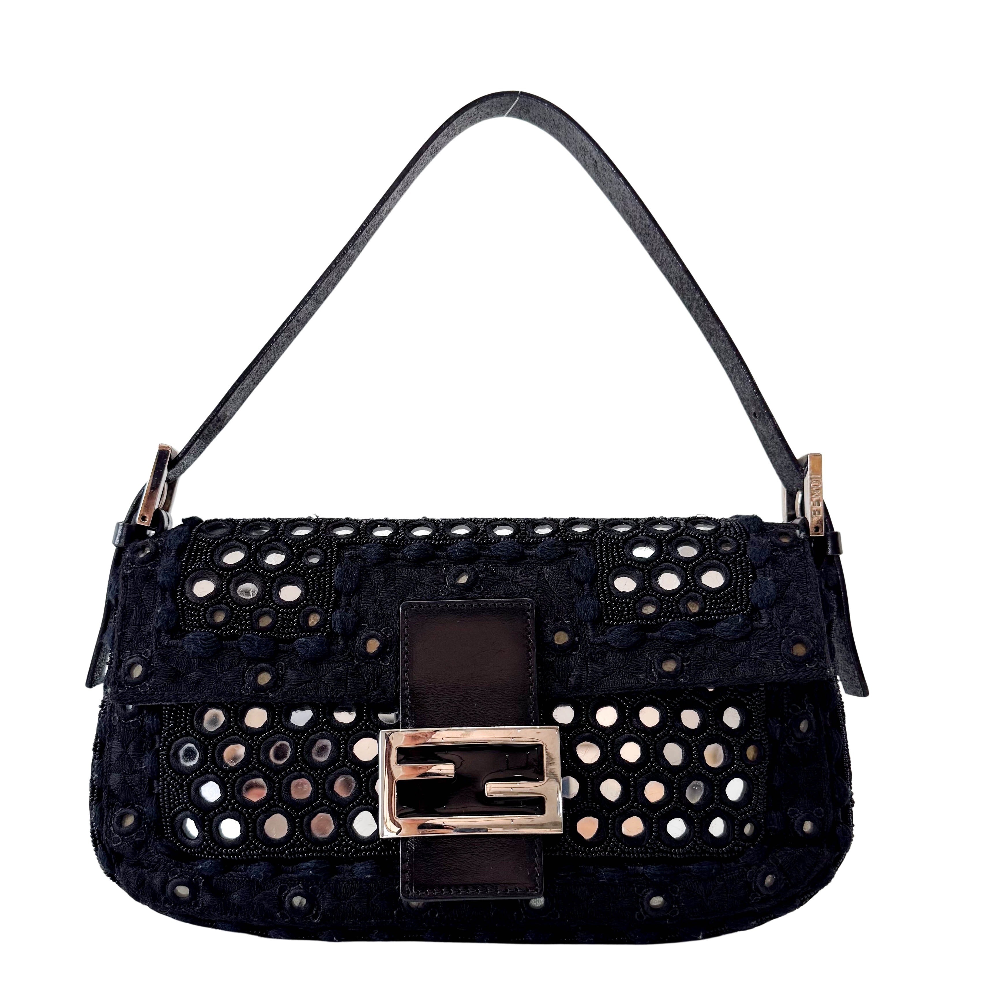 Black Embroidered Beaded Mirror Baguette Shoulder Bag