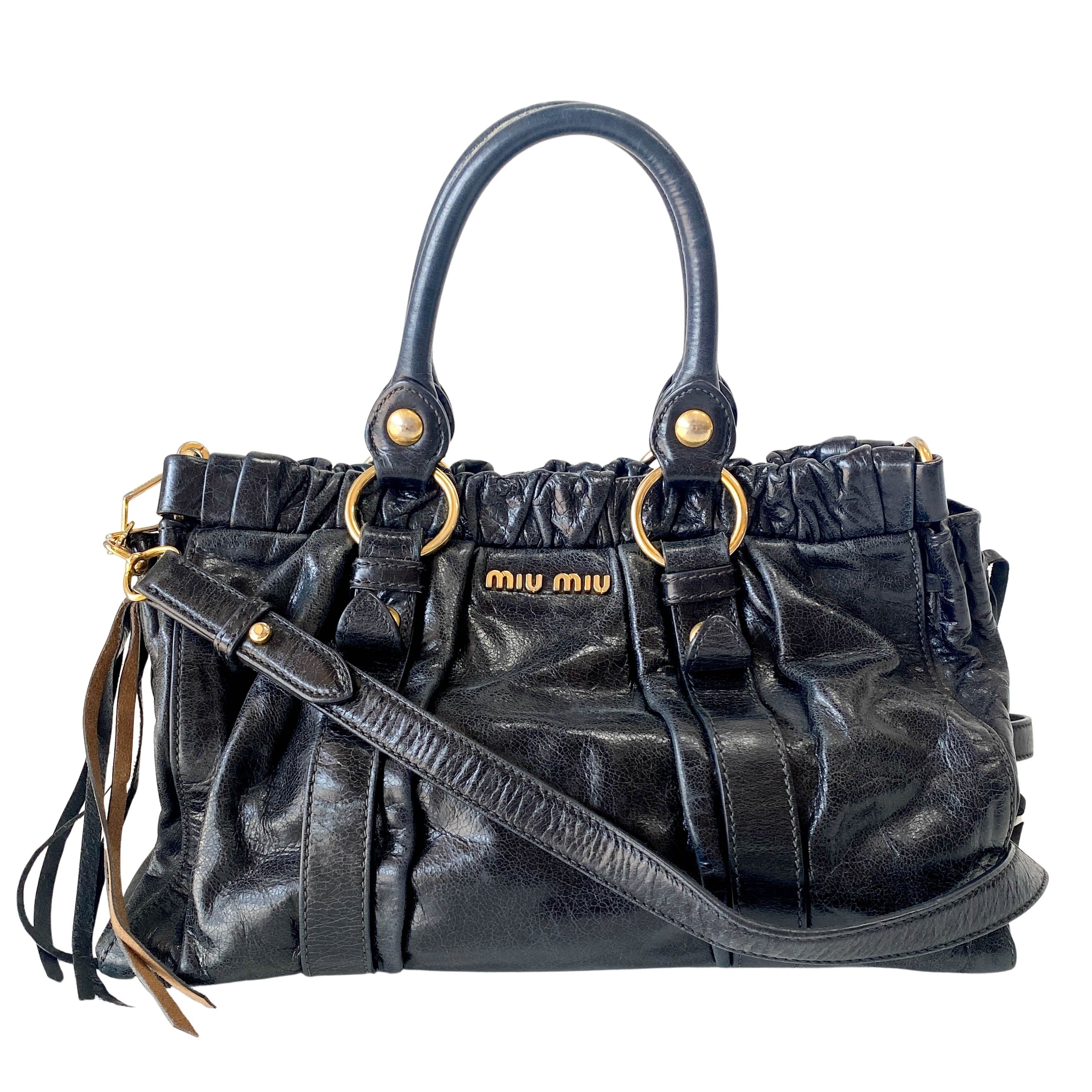 Vitello Bauletto Black Leather Handle/ Shoulder Bag