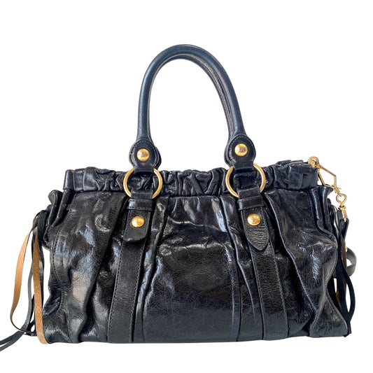 Vitello Bauletto Black Leather Handle/ Shoulder Bag