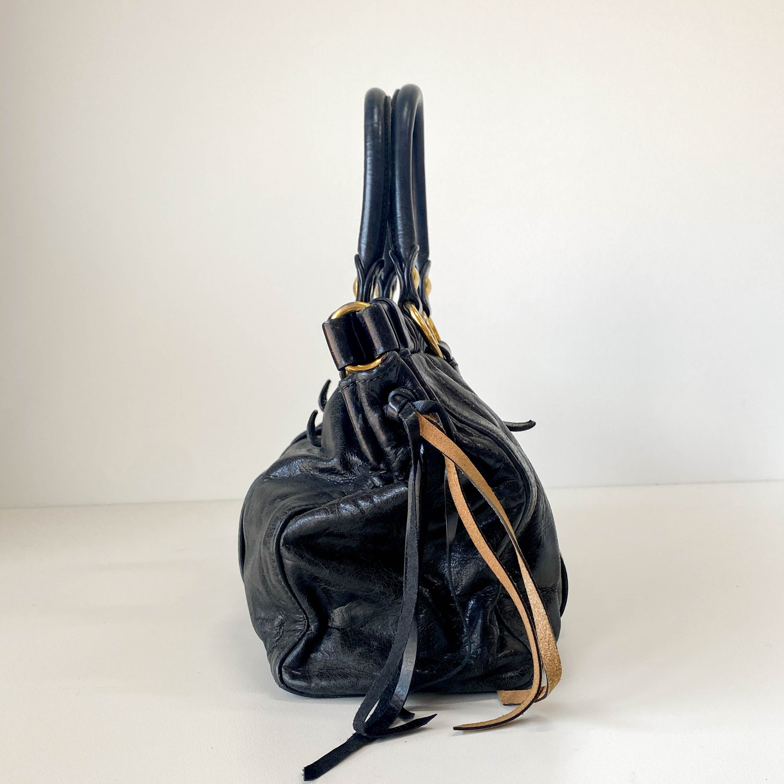 Vitello Bauletto Black Leather Handle/ Shoulder Bag