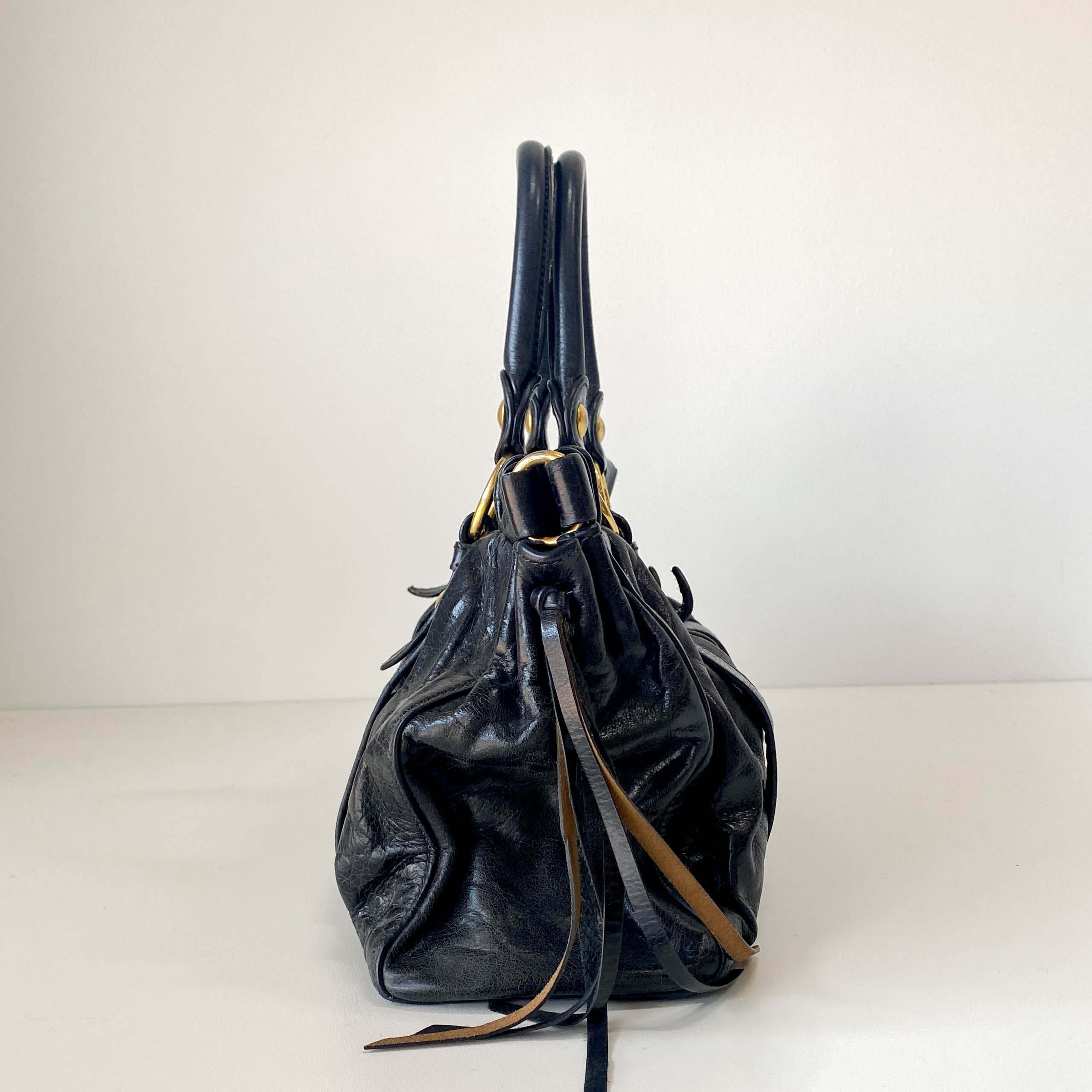 Vitello Bauletto Black Leather Handle/ Shoulder Bag