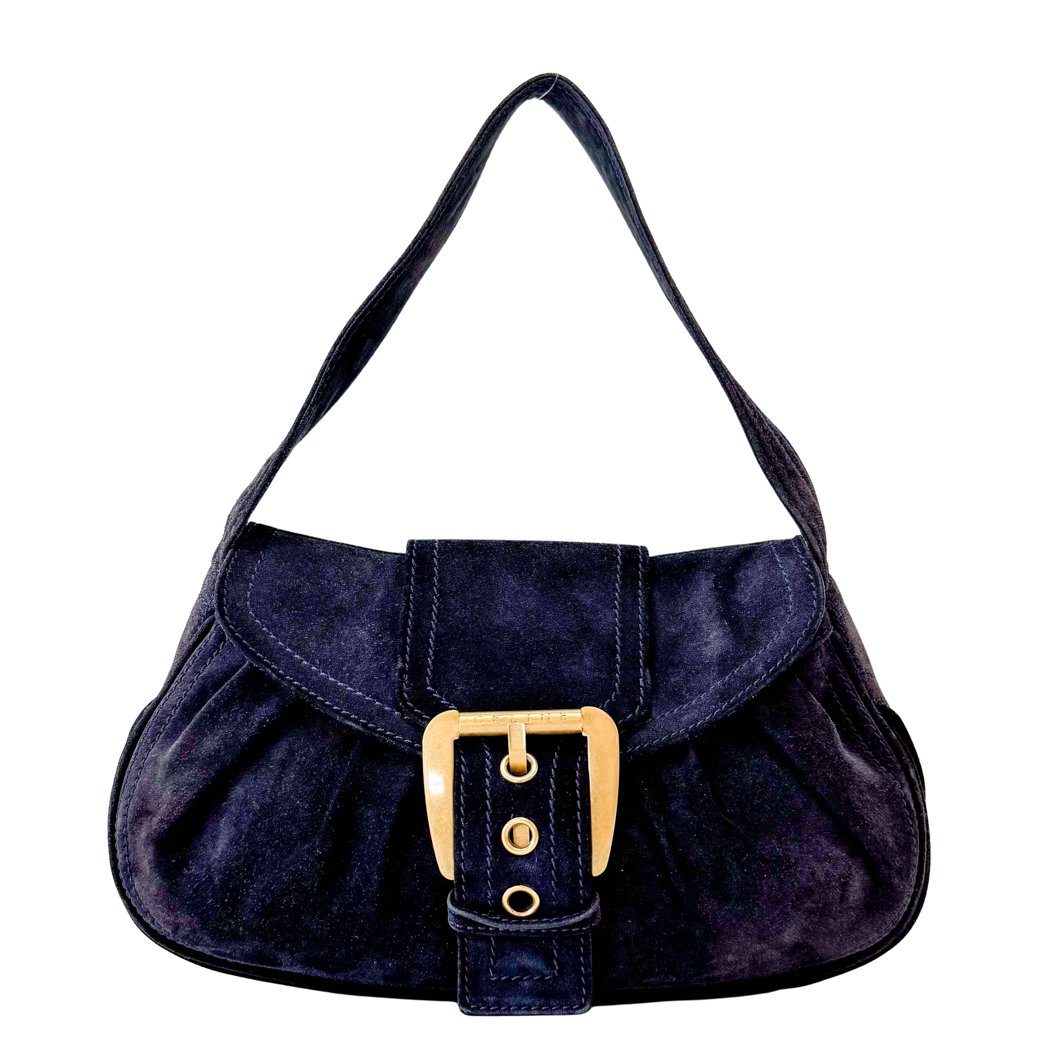 Black Suede Big Gold Belt Buckle Shoulder Bag