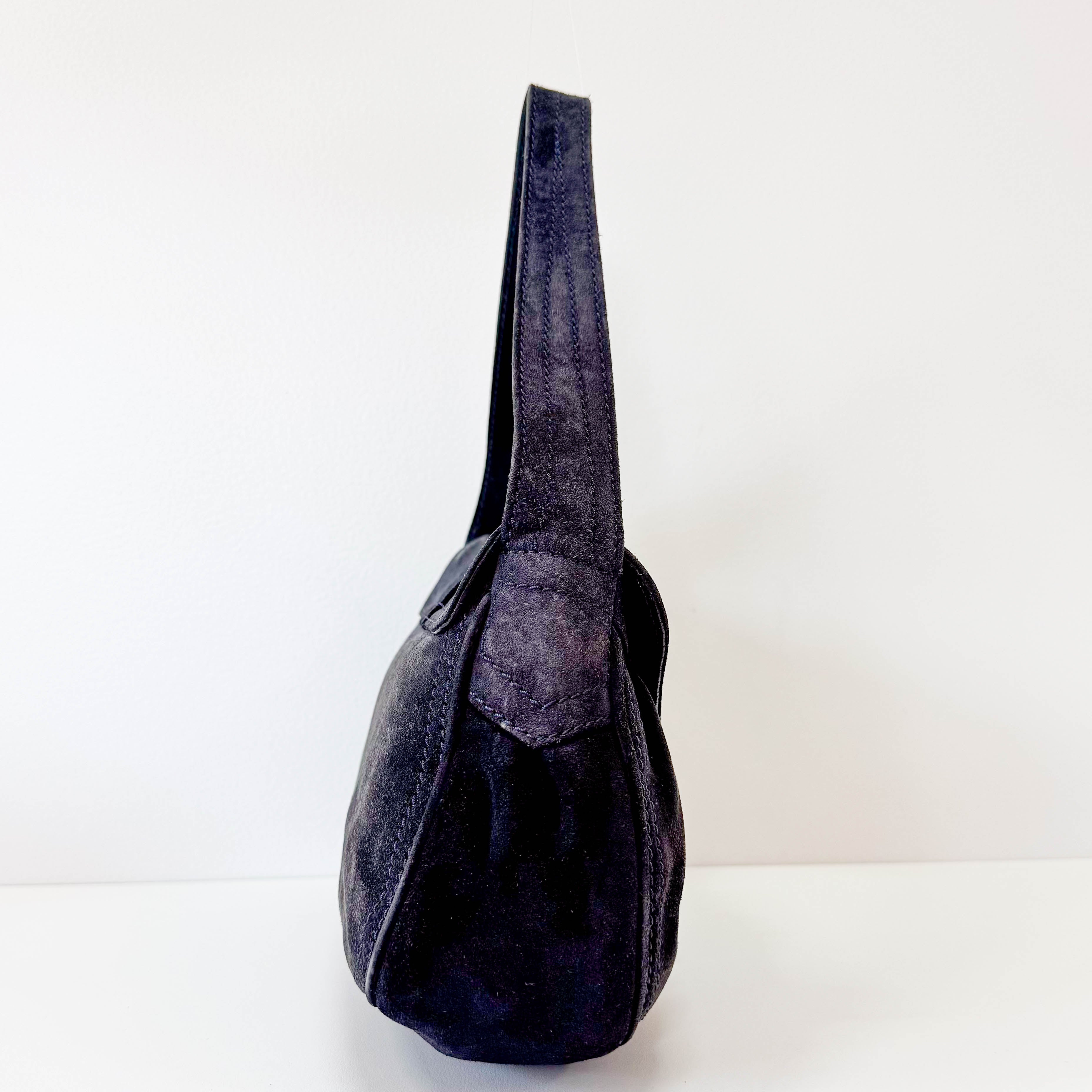 Black Suede Big Gold Belt Buckle Shoulder Bag