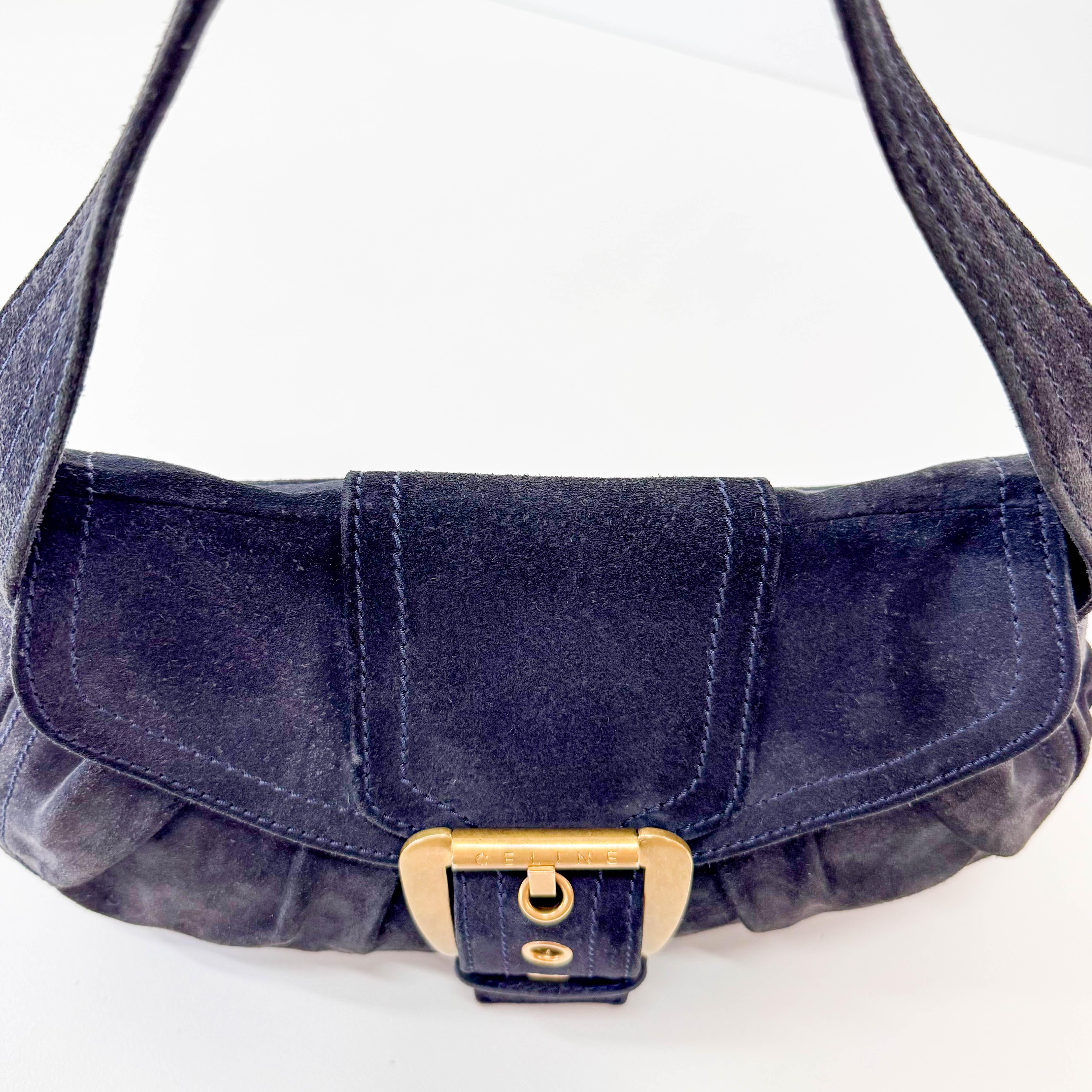 Black Suede Big Gold Belt Buckle Shoulder Bag