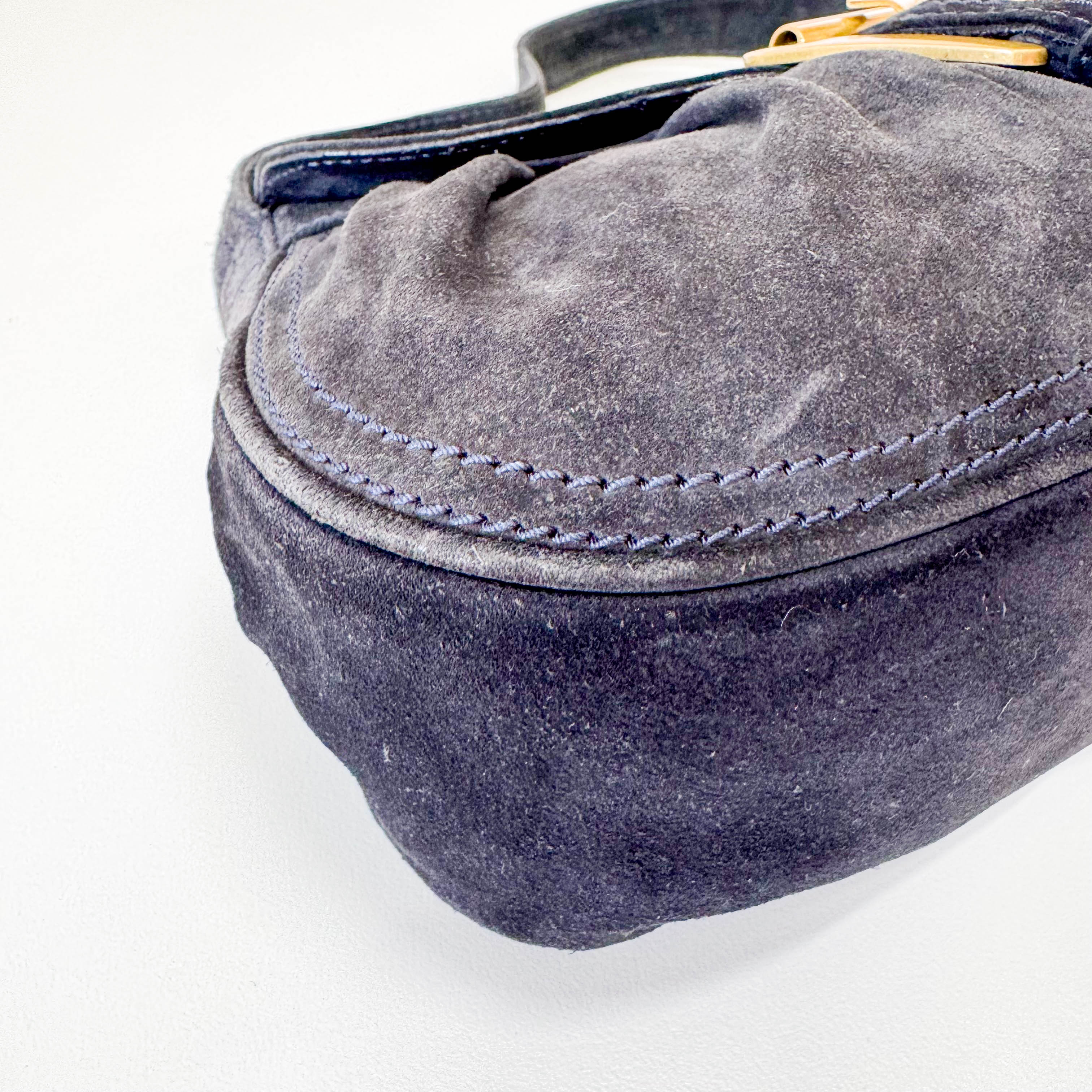 Black Suede Big Gold Belt Buckle Shoulder Bag