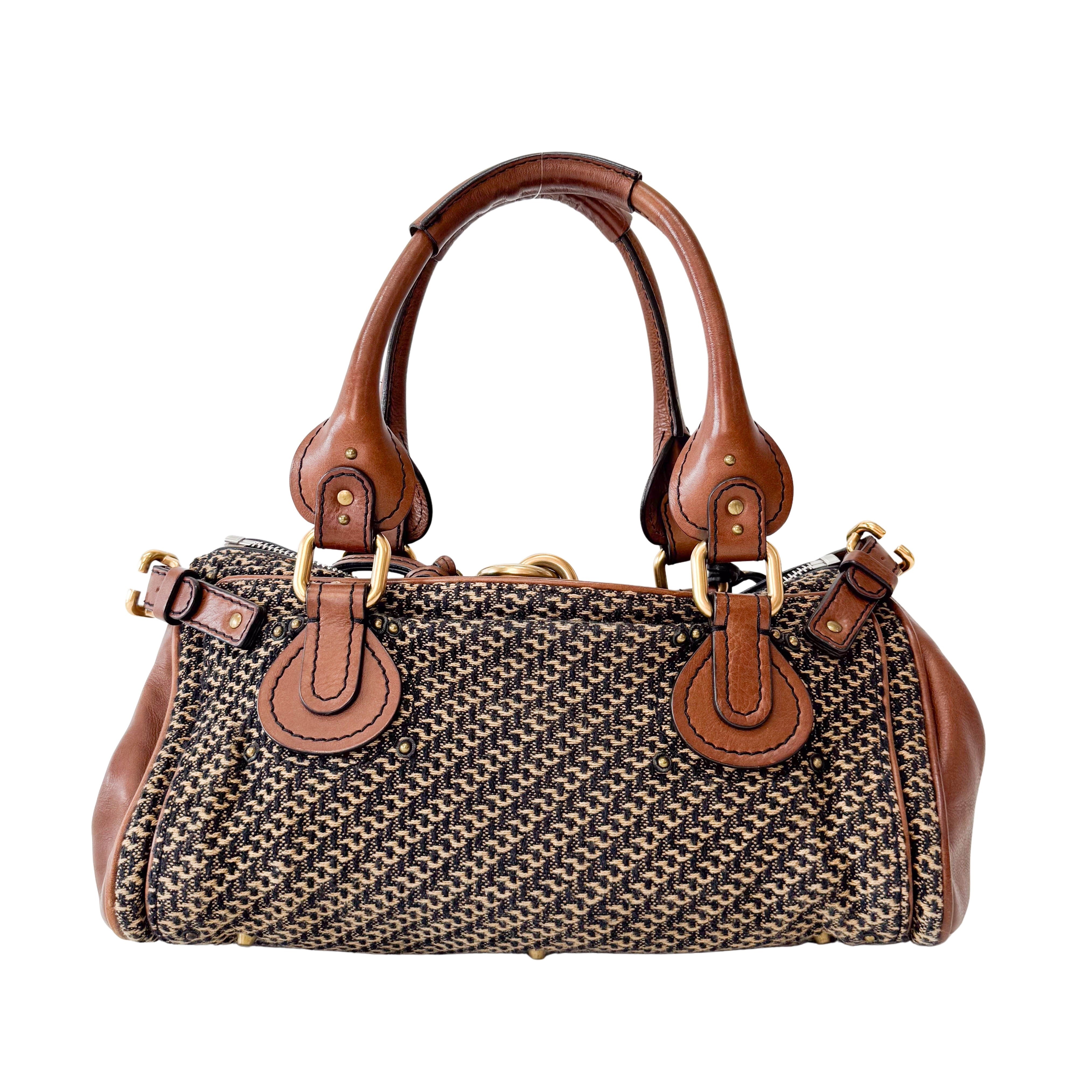 Paddington Brown Gold Leather Tweed Handbag