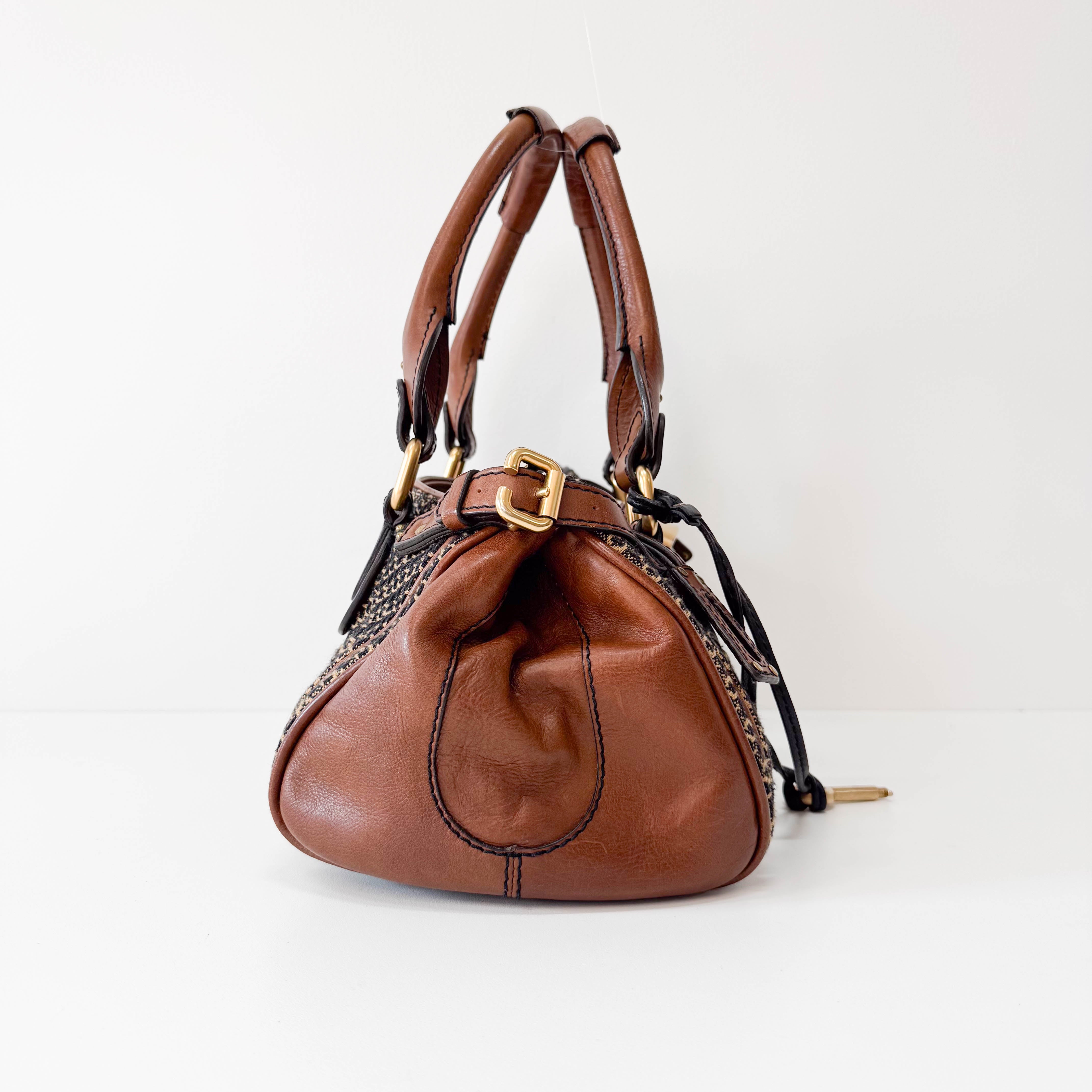 Paddington Brown Gold Leather Tweed Handbag