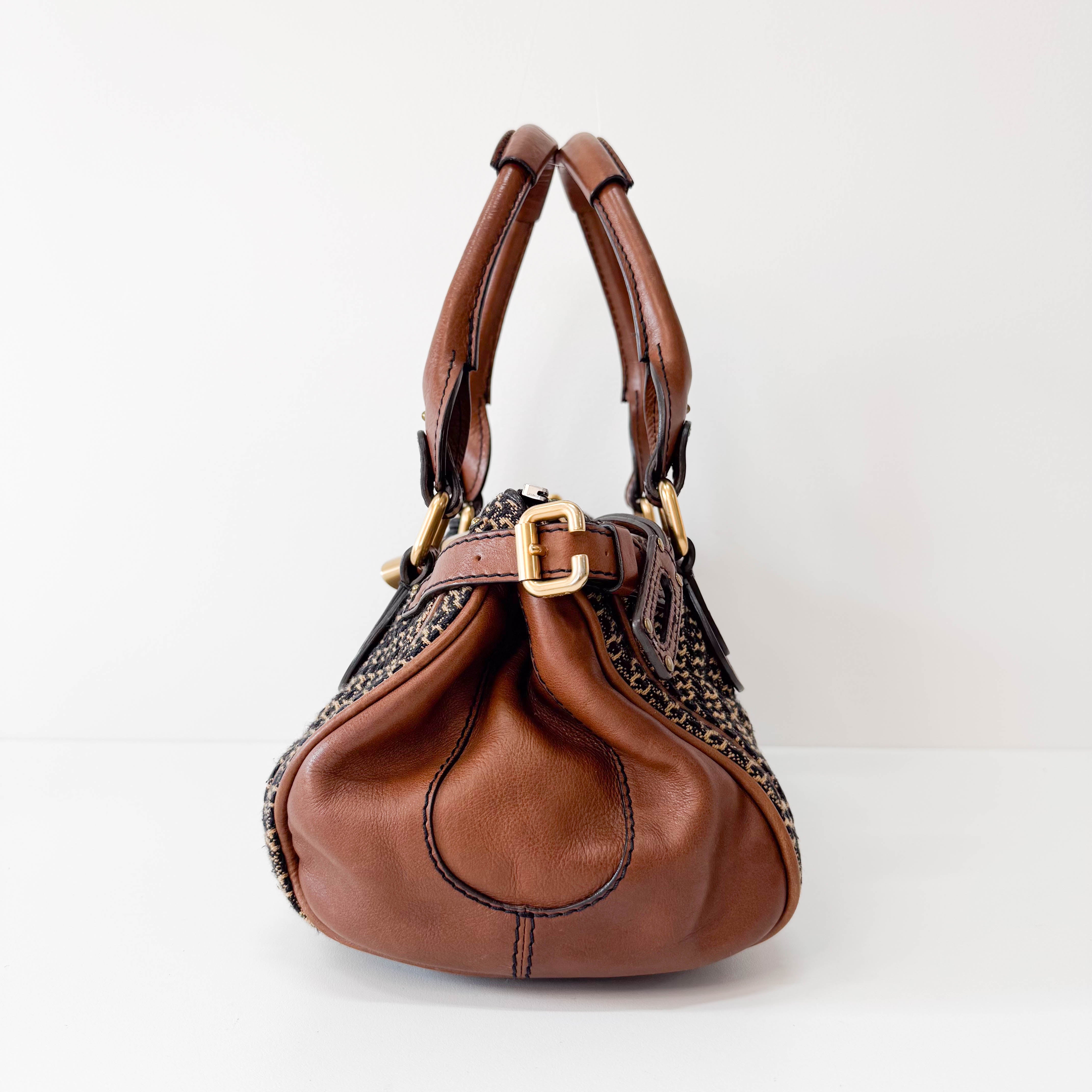 Paddington Brown Gold Leather Tweed Handbag