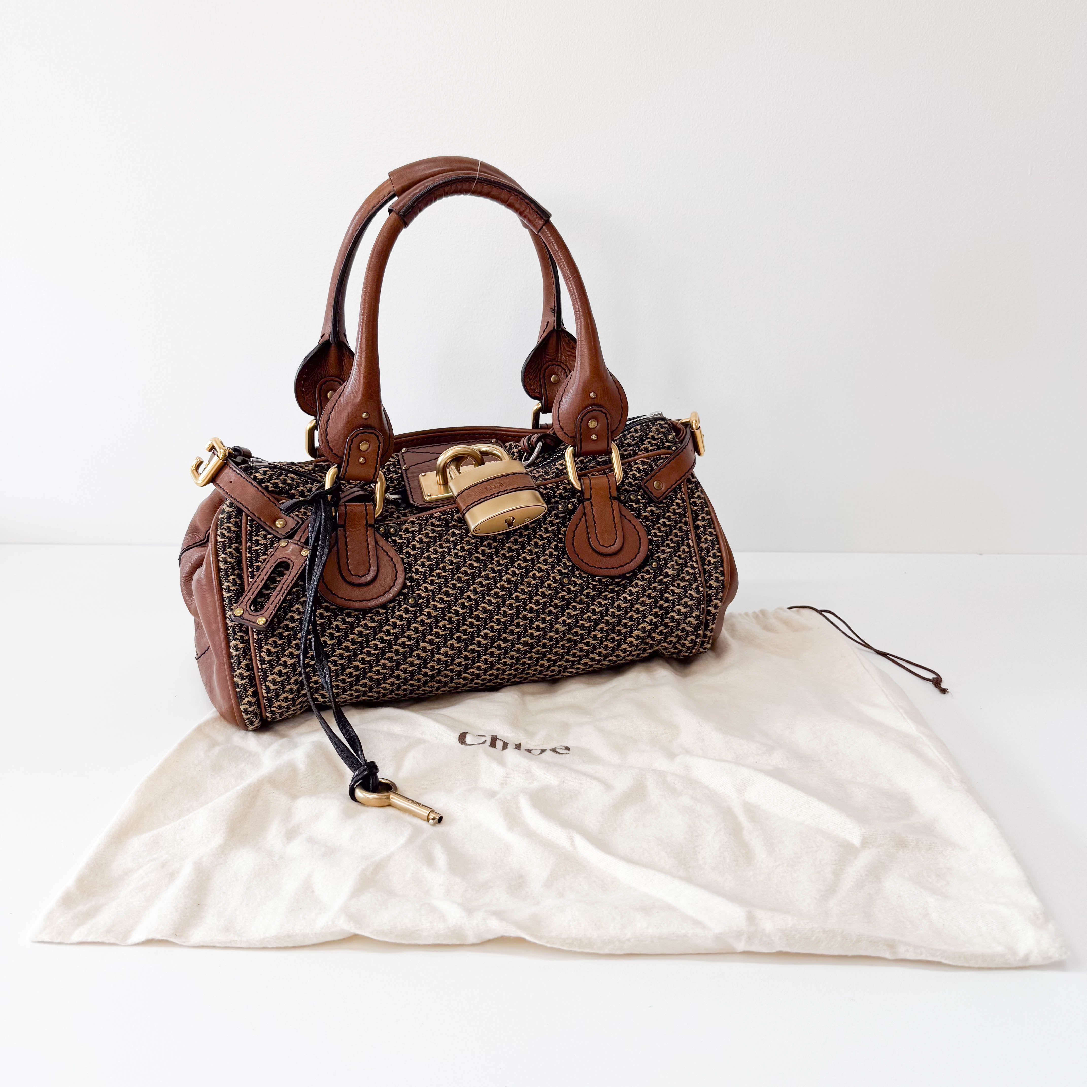 Paddington Brown Gold Leather Tweed Handbag