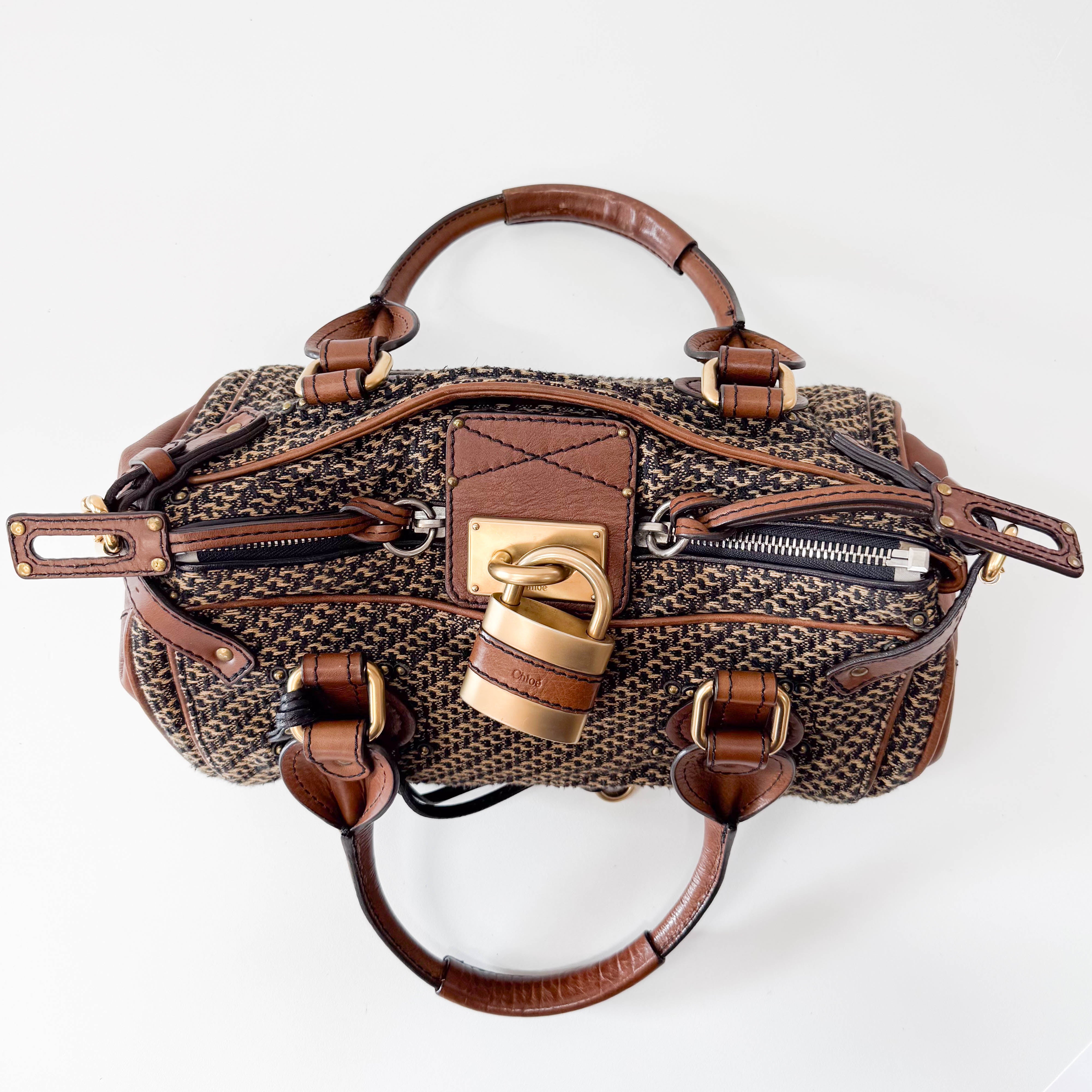 Paddington Brown Gold Leather Tweed Handbag