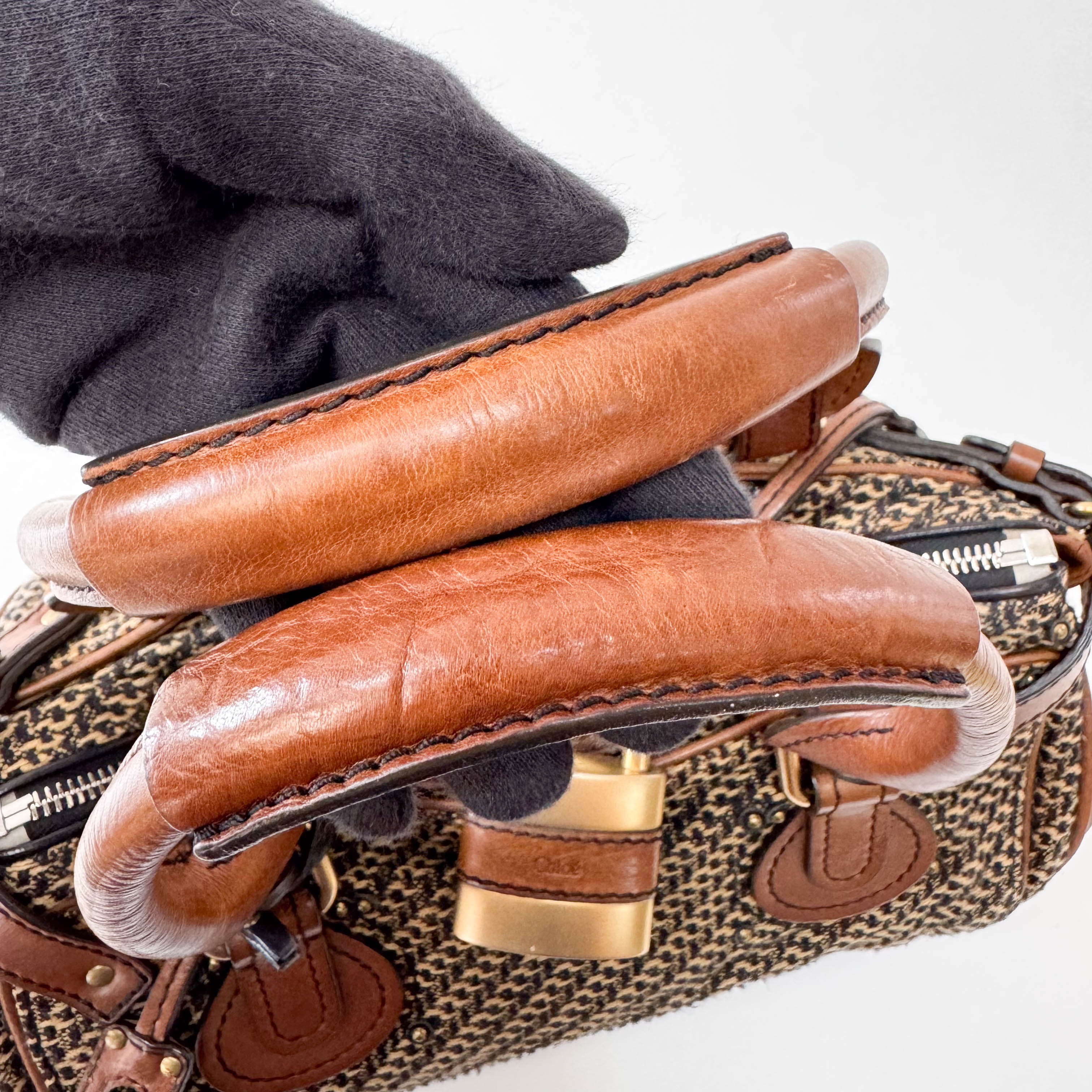 Paddington Brown Gold Leather Tweed Handbag