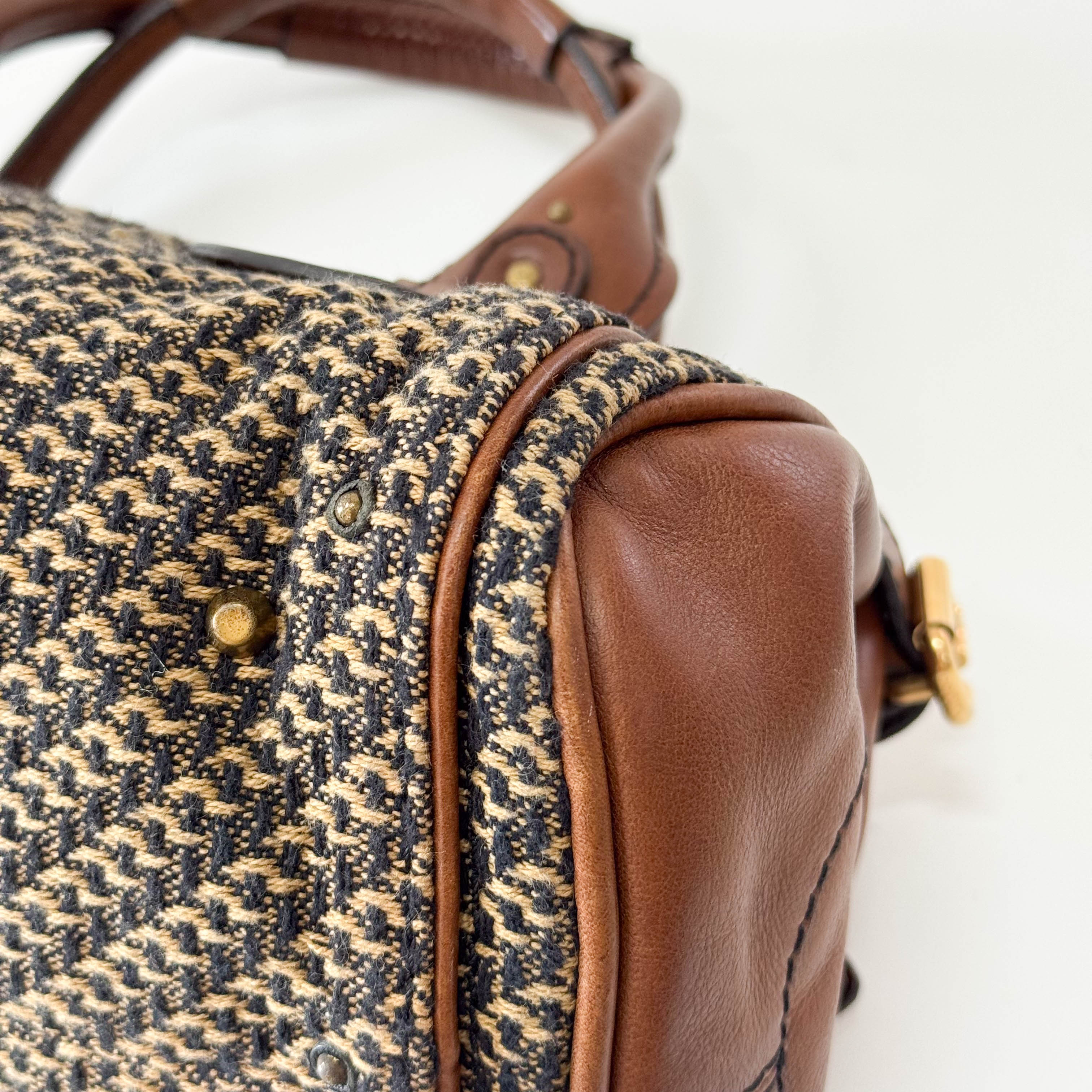 Paddington Brown Gold Leather Tweed Handbag