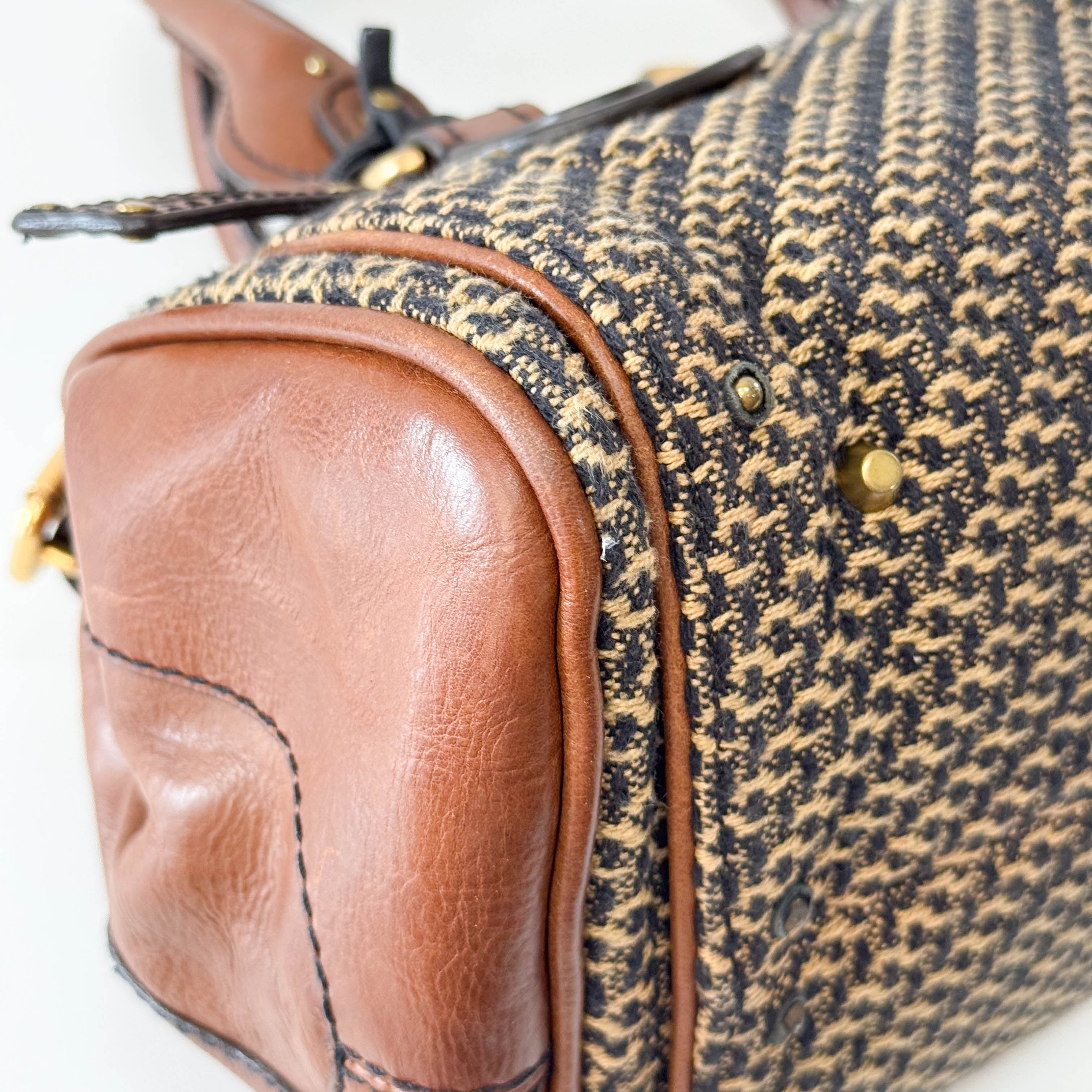 Paddington Brown Gold Leather Tweed Handbag