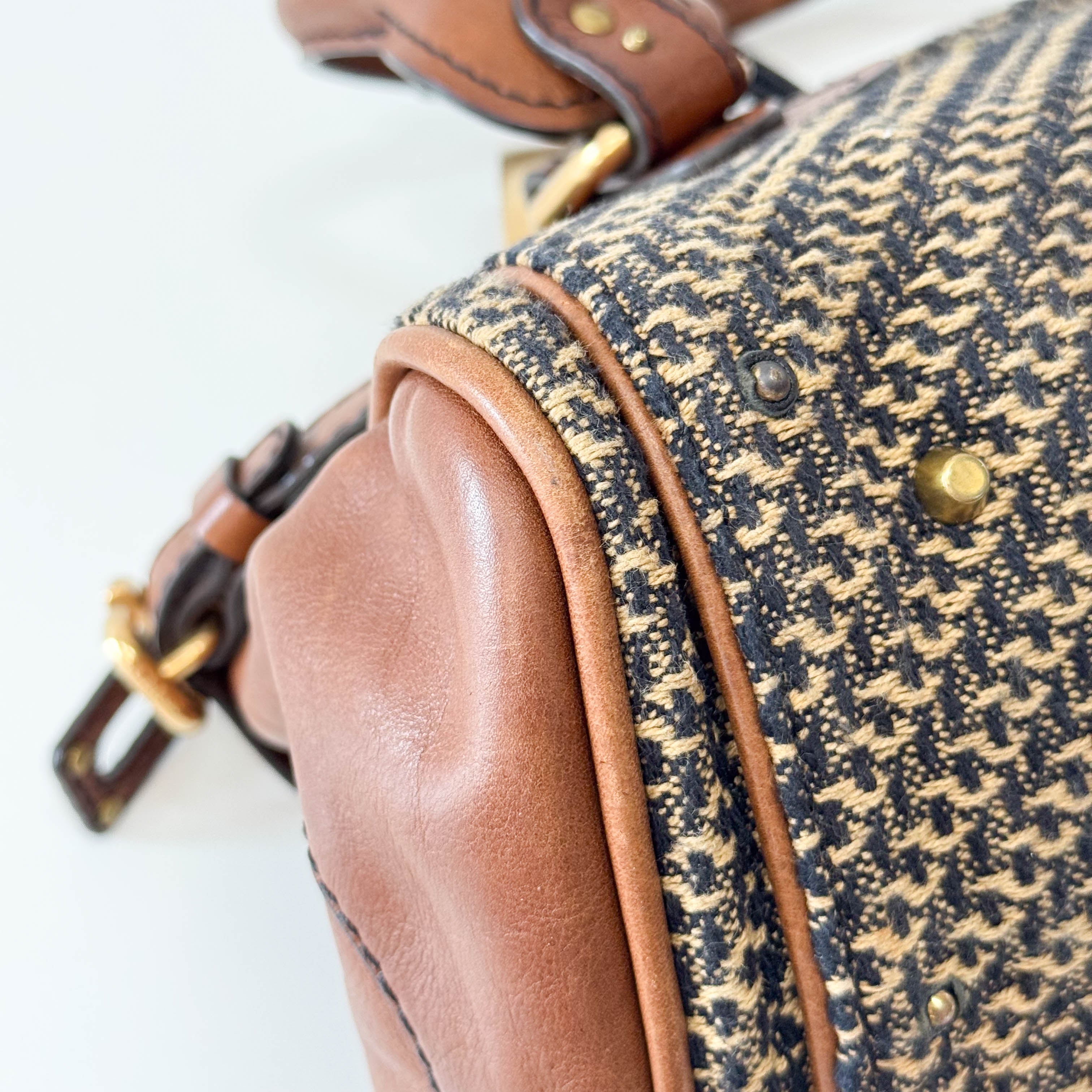 Paddington Brown Gold Leather Tweed Handbag