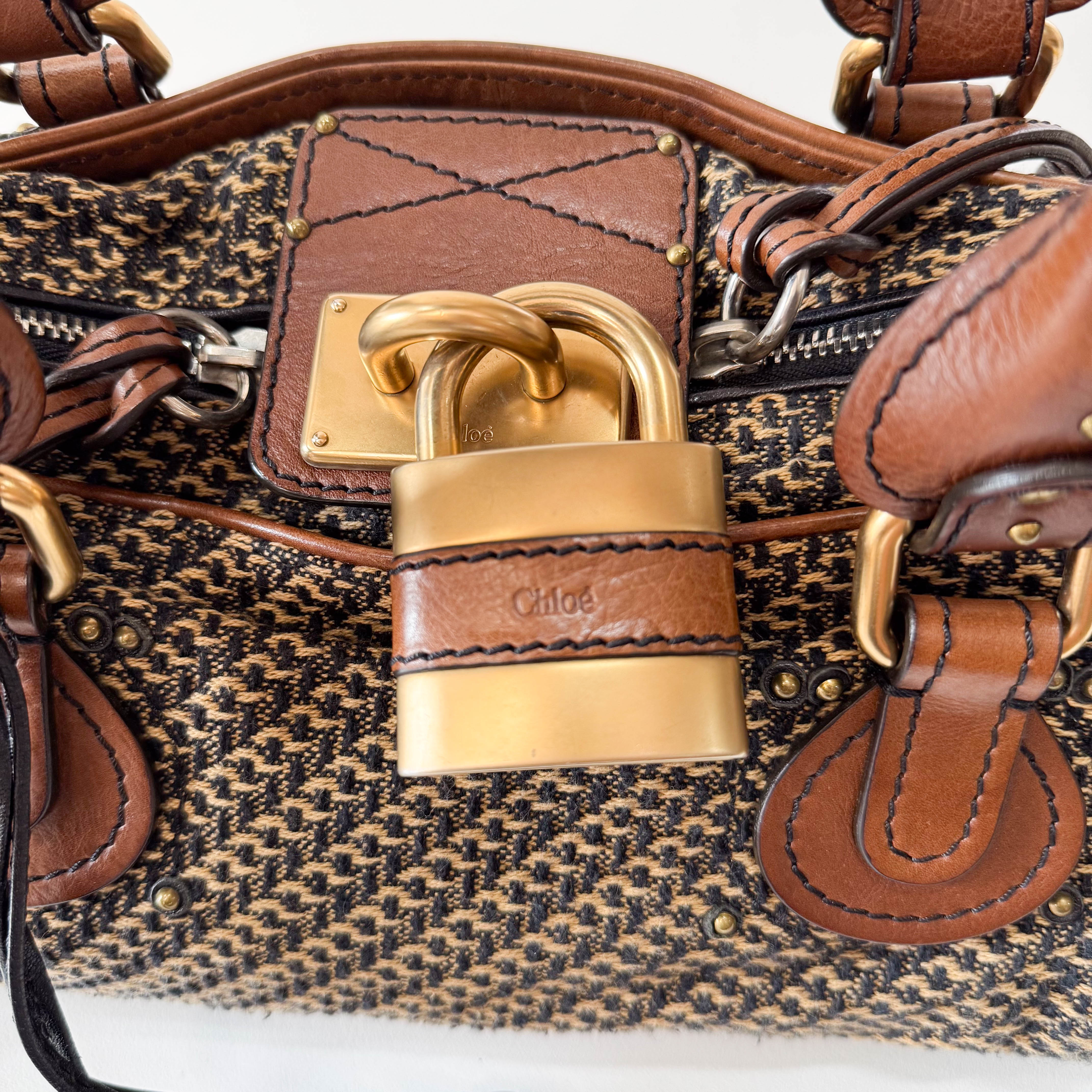 Paddington Brown Gold Leather Tweed Handbag