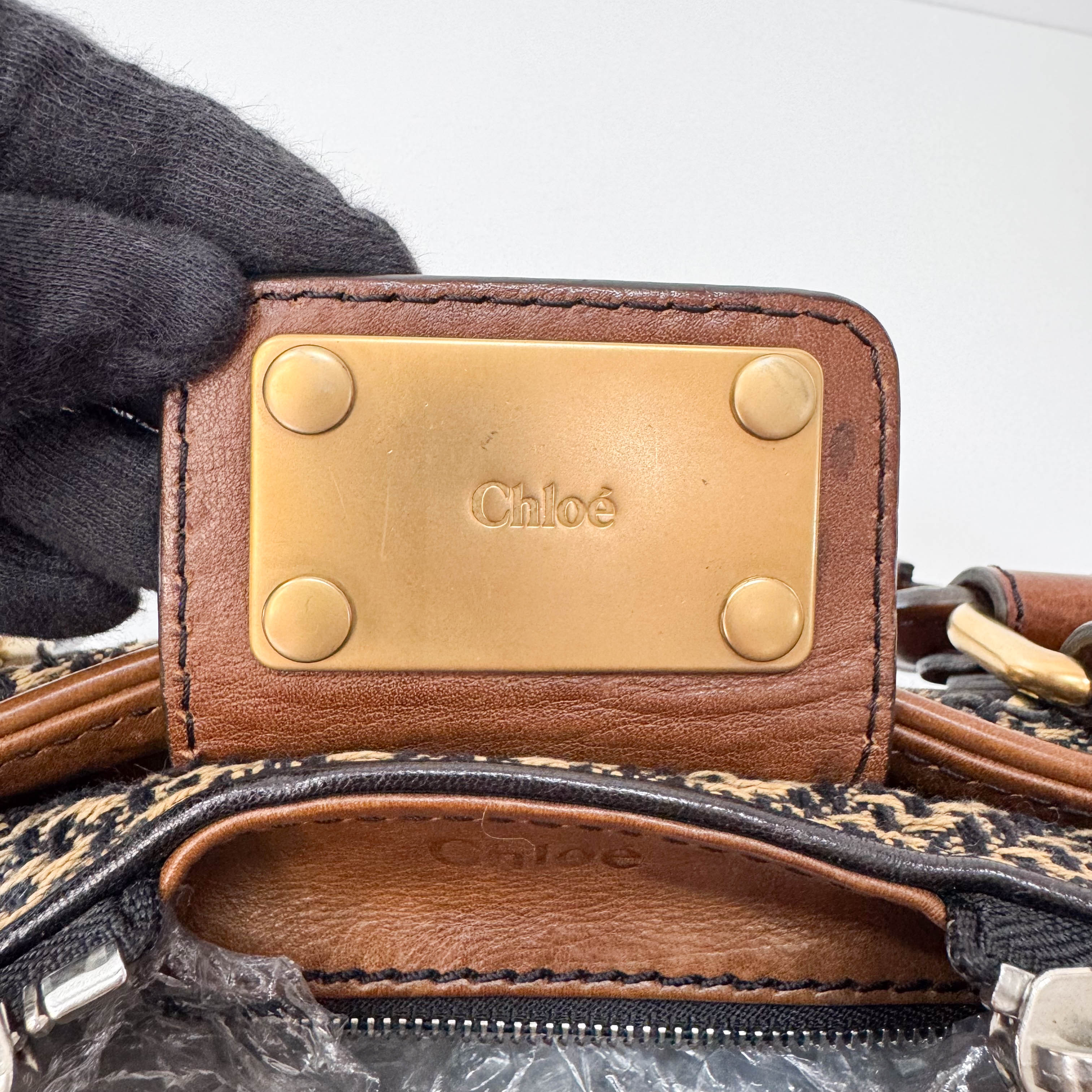 Paddington Brown Gold Leather Tweed Handbag