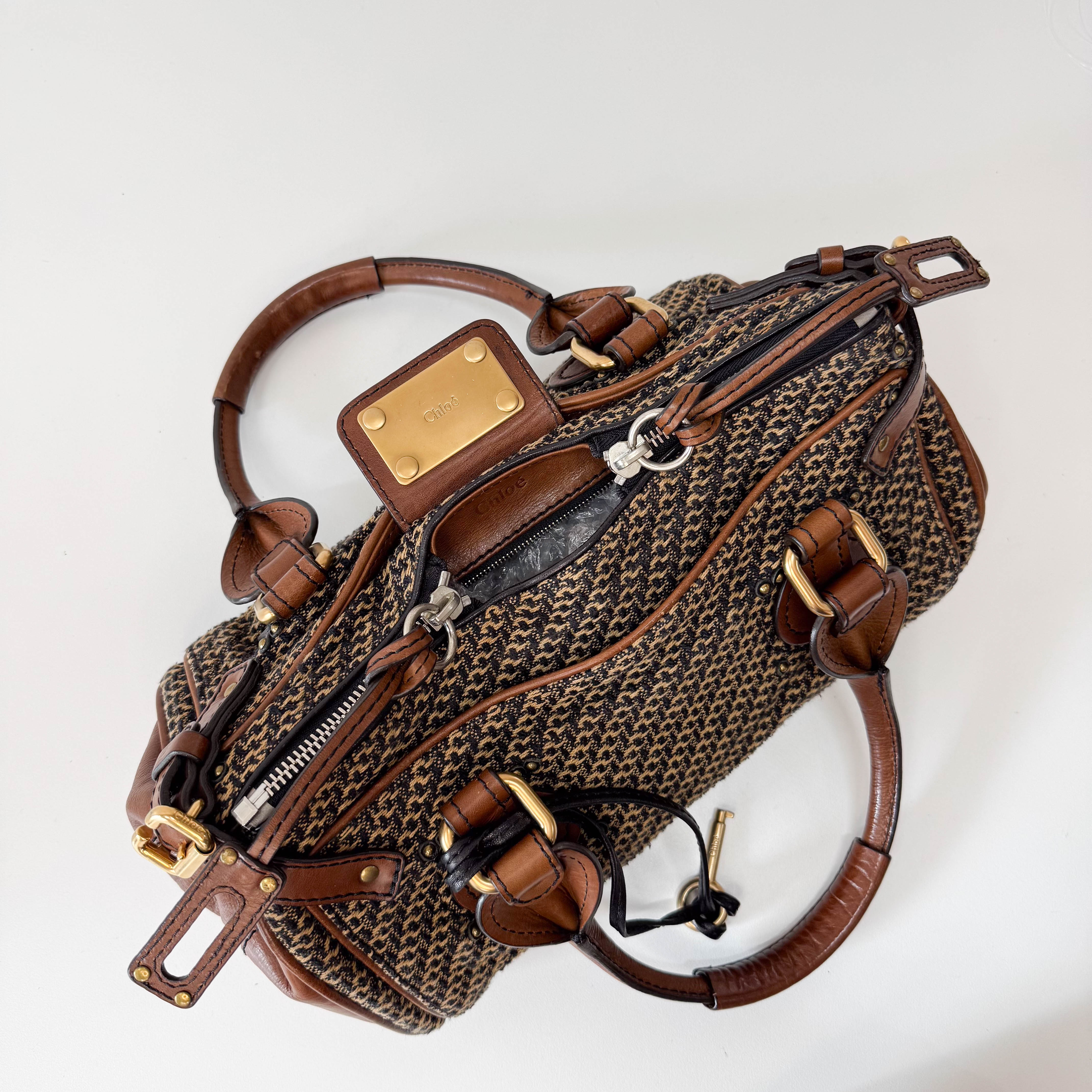 Paddington Brown Gold Leather Tweed Handbag