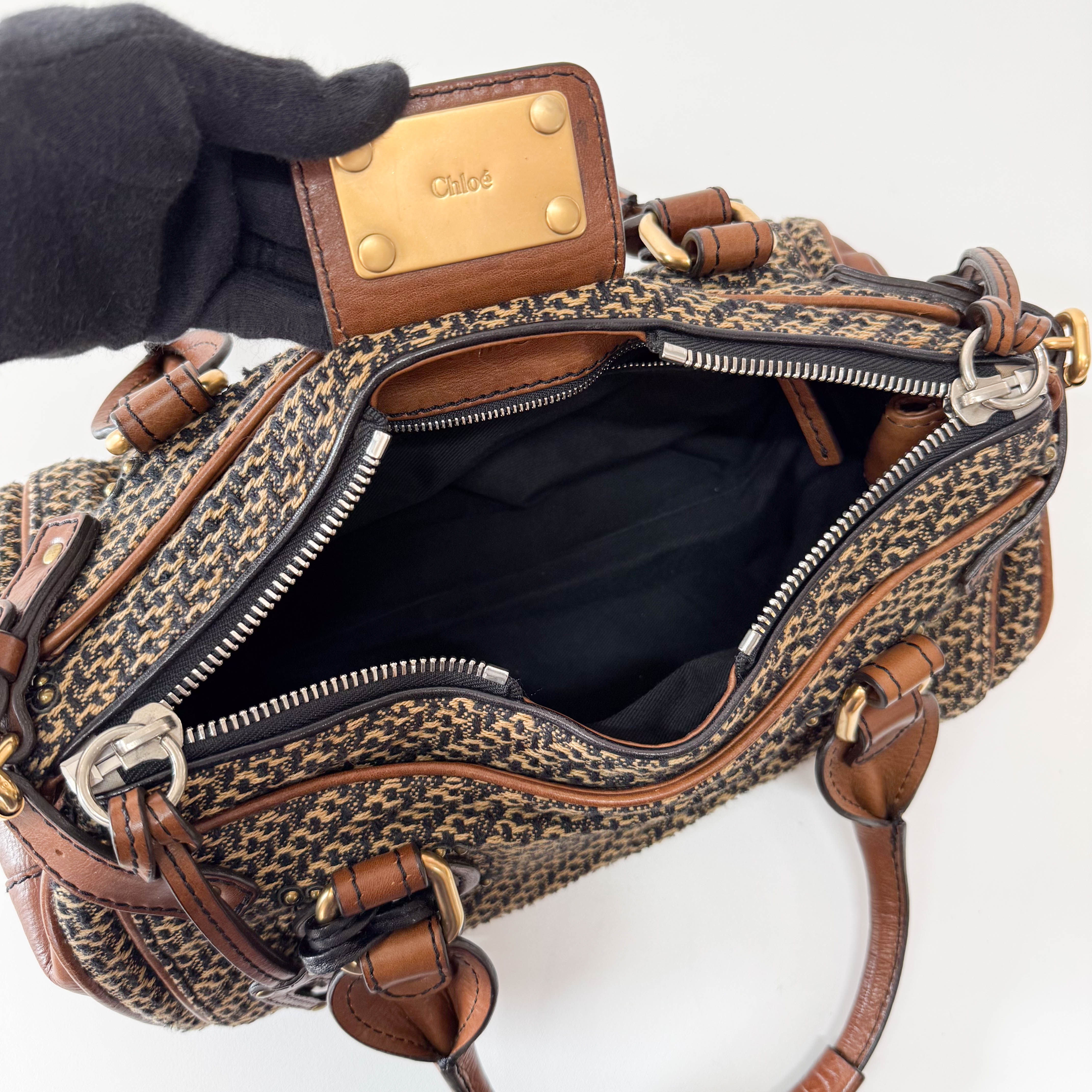 Paddington Brown Gold Leather Tweed Handbag