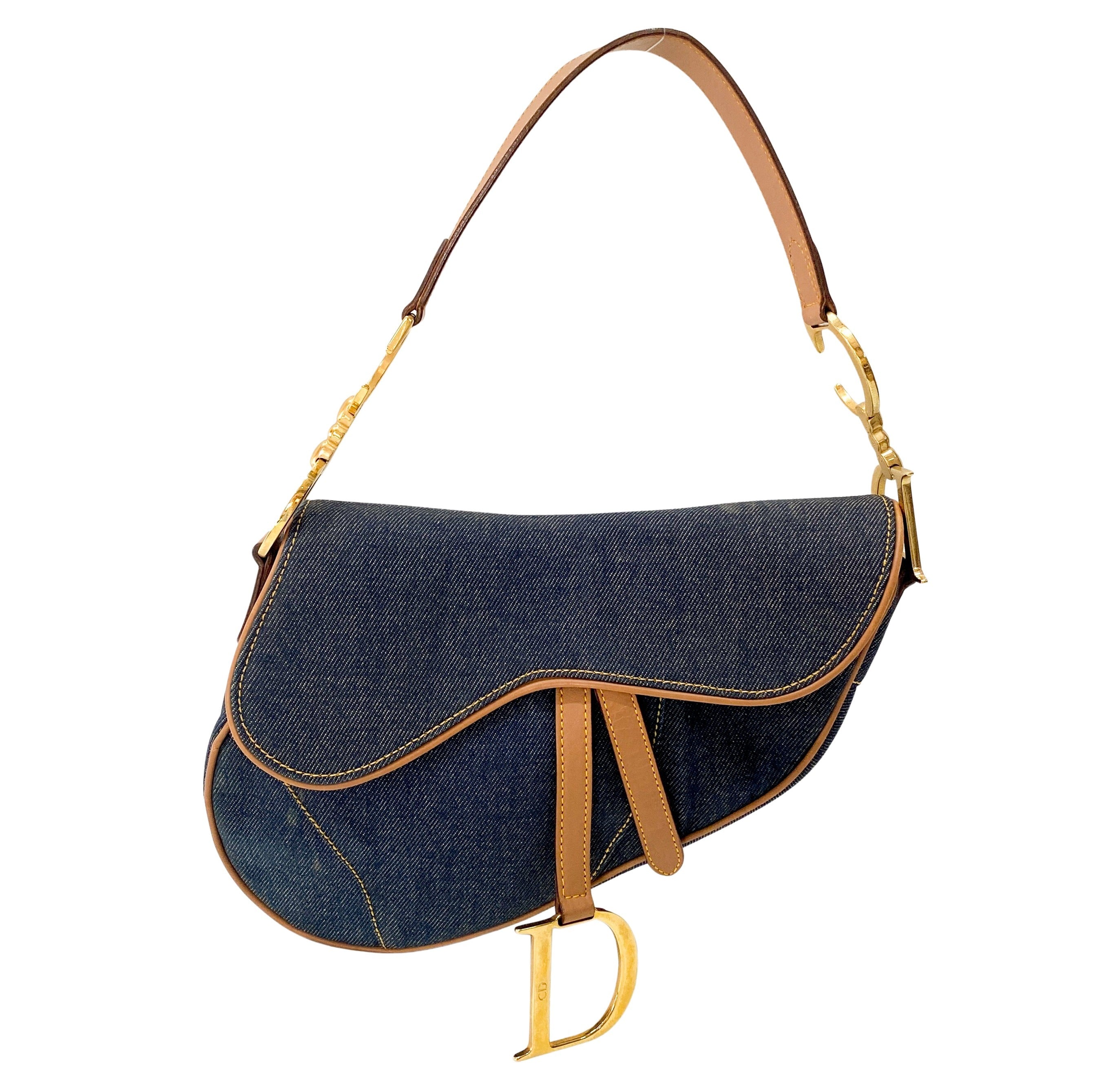 Saddle Denim Shoulder Bag with Gold Hardware