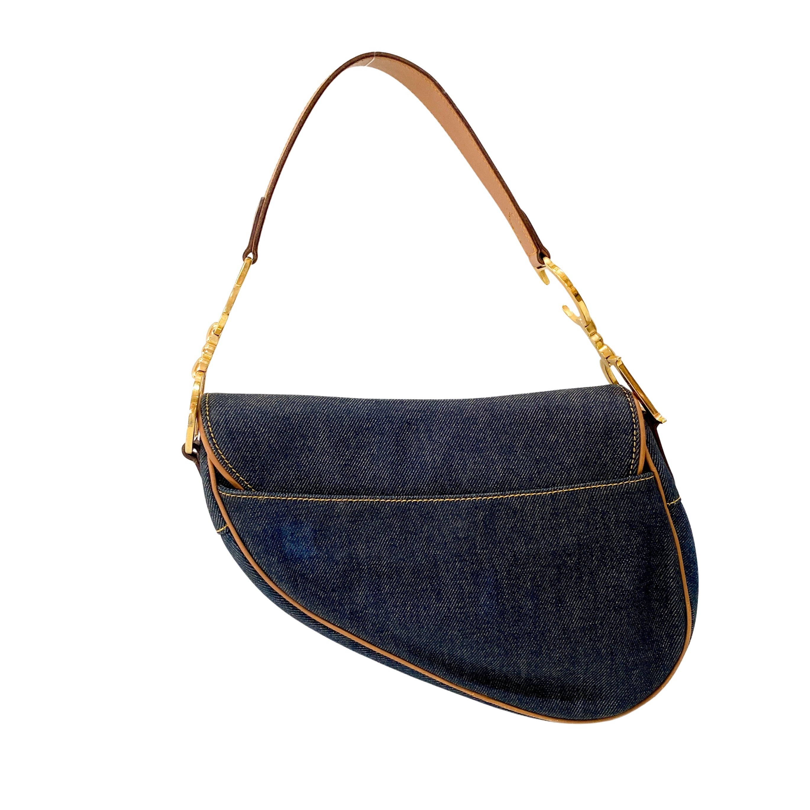 Saddle Denim Shoulder Bag with Gold Hardware